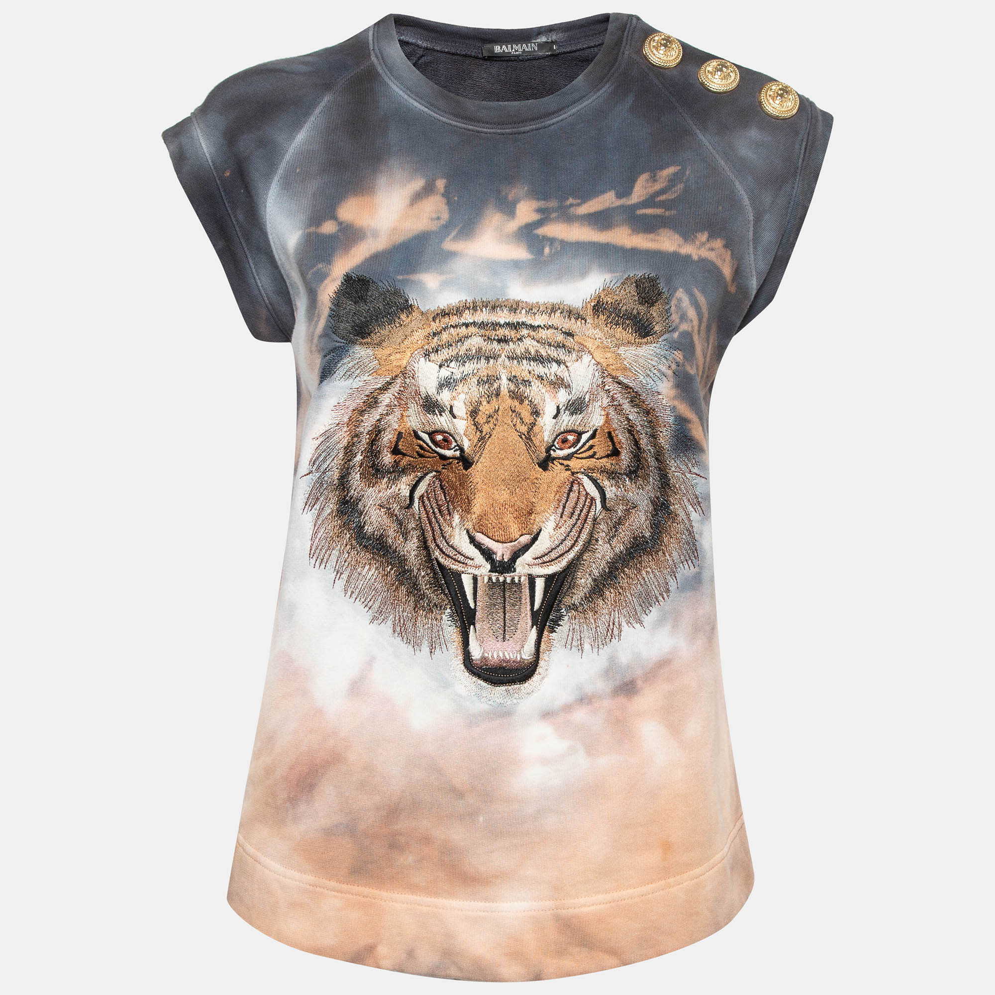 

Balmain Multicolor Tiger Embroidered Dyed Cotton T-Shirt S