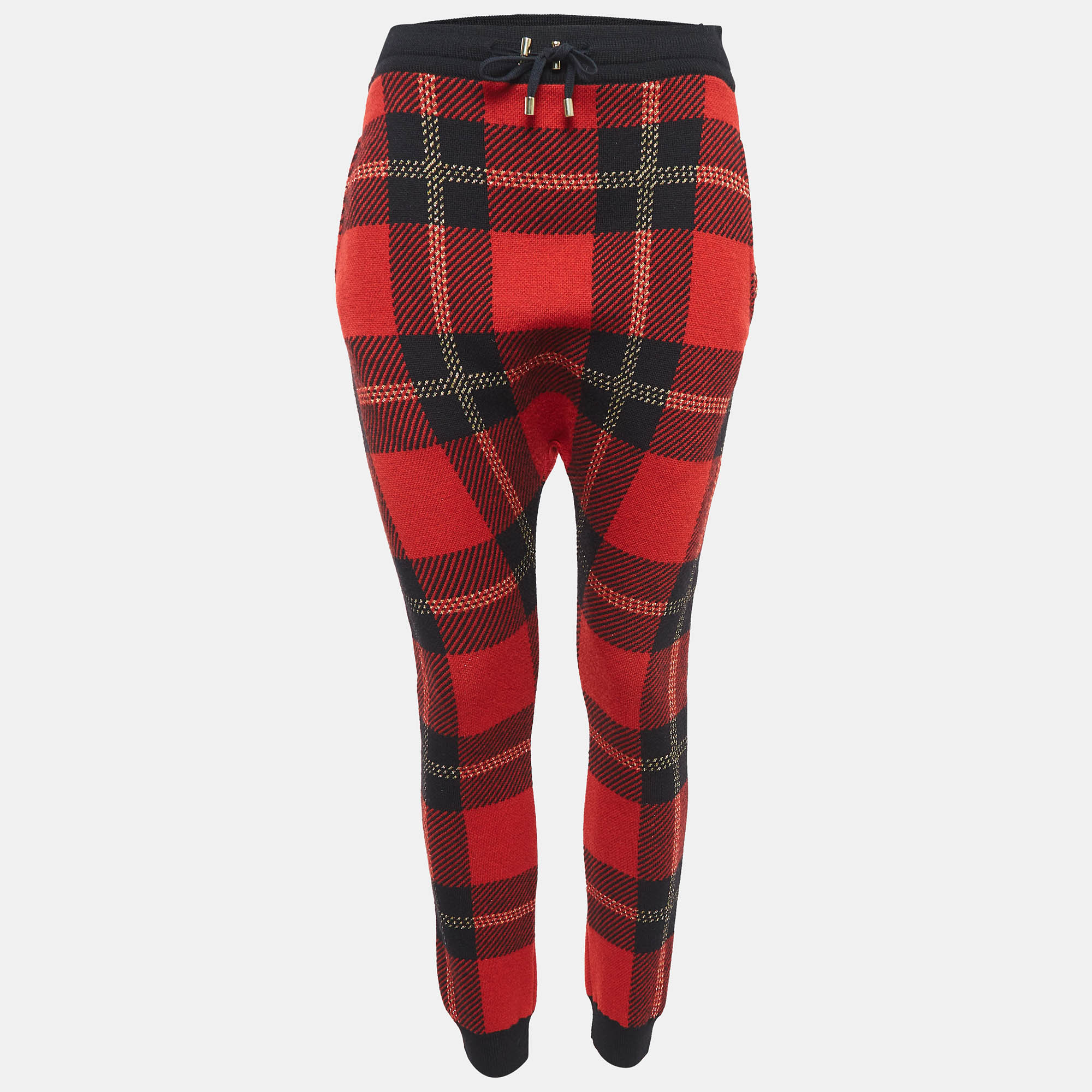 Pre-owned Balmain Burberry Red Tartan Lurex And Wool Wool Knit Sweatpants Xs