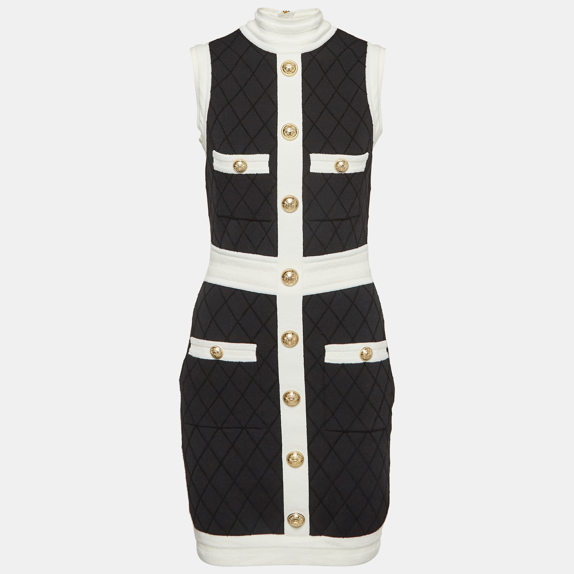 

Balmain Black Patterned Jersey Detailed Button Mini Dress M