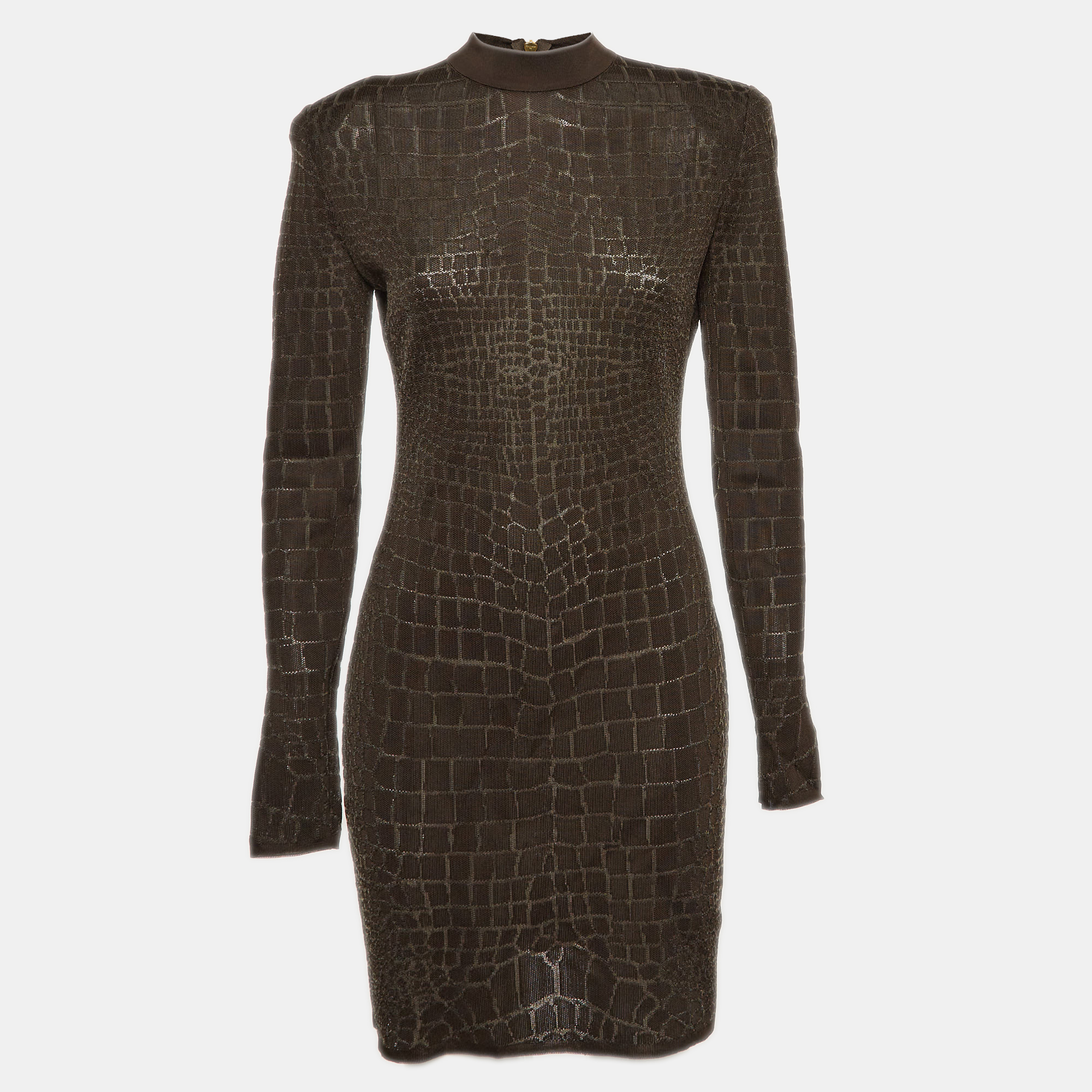 

Balmain Brown Crocodile Patterned Jersey Fitted Mini Dress L