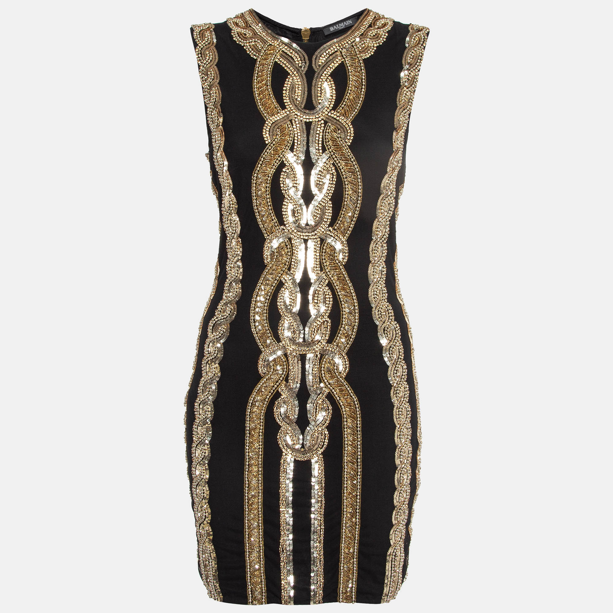 

Balmain Black/ Gold Sequin and Crystal Embellished Mesh Mini Dress M