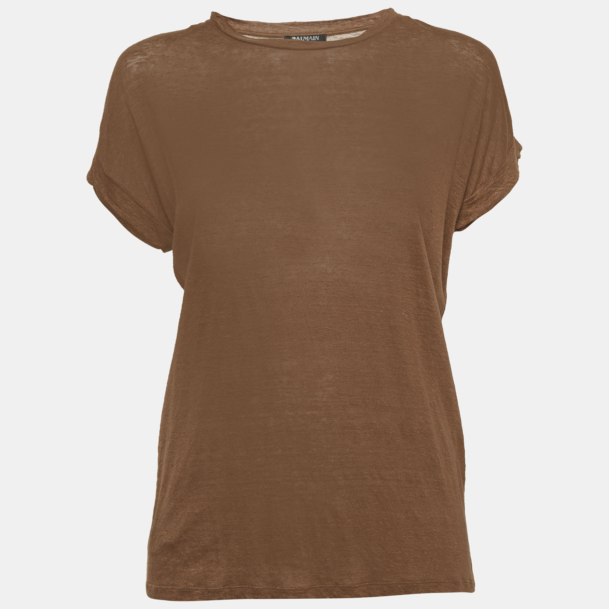 

Balmain Brown Stretch Linen Jersey Rolled Sleeve T-Shirt S