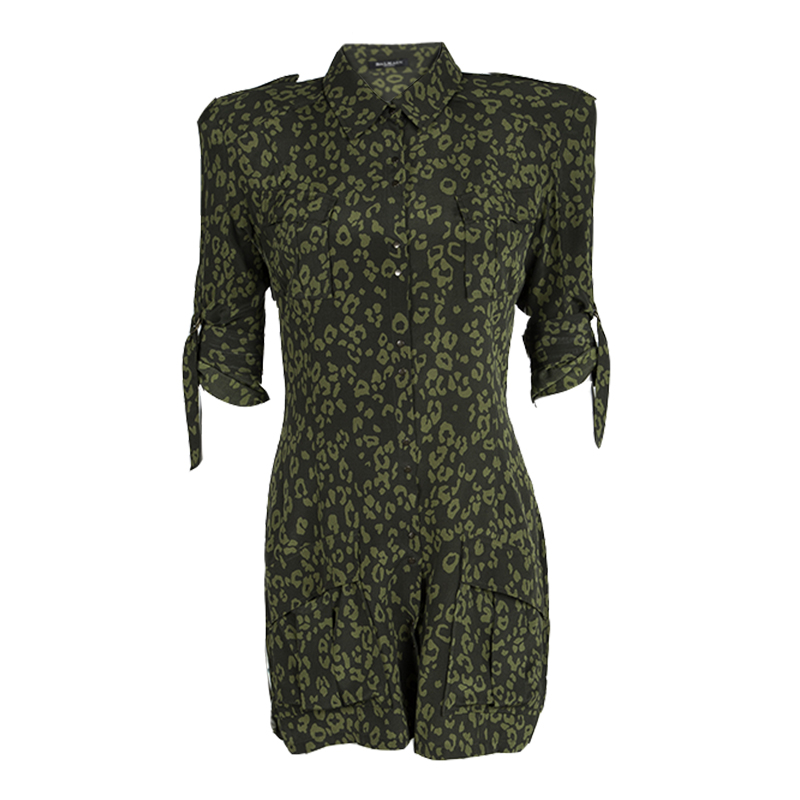 Pre Owned Balmain Olive Green Printed Silk Power Shoulder Shirt Dress M