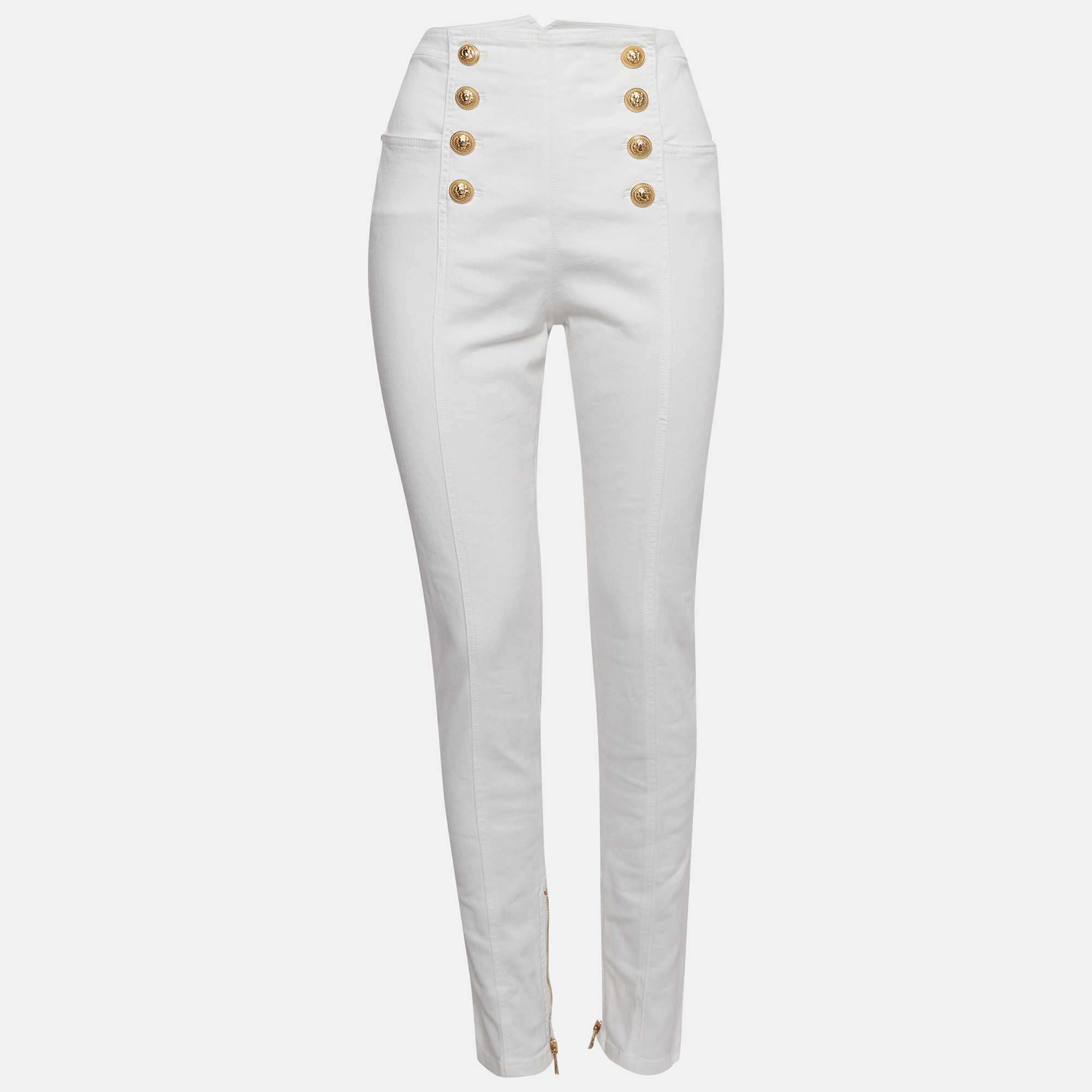 

Balmain White Denim Button Embellished High Waist Pants L