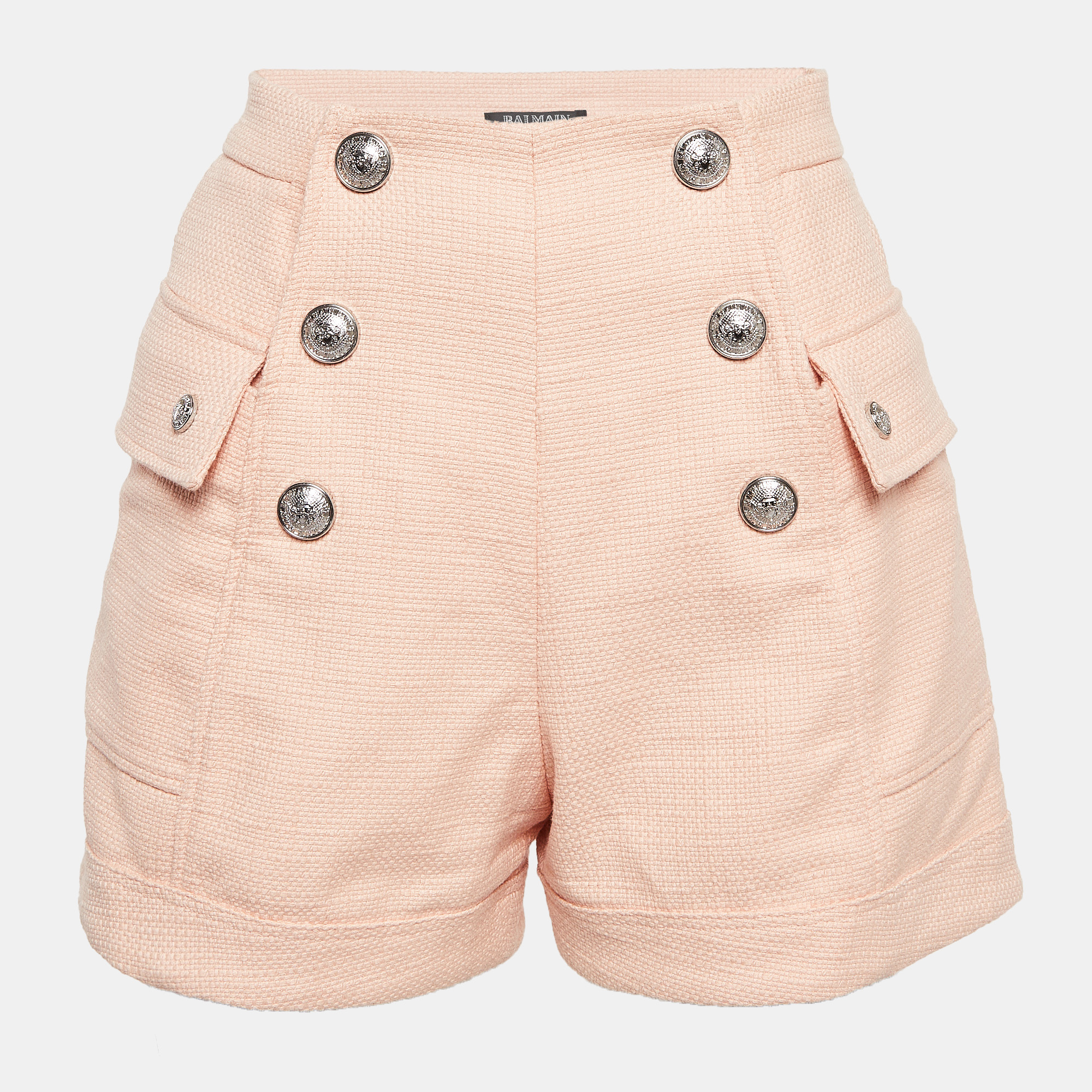 

Balmain Light Orange Canvas Button Embellished High-Waist Shorts S