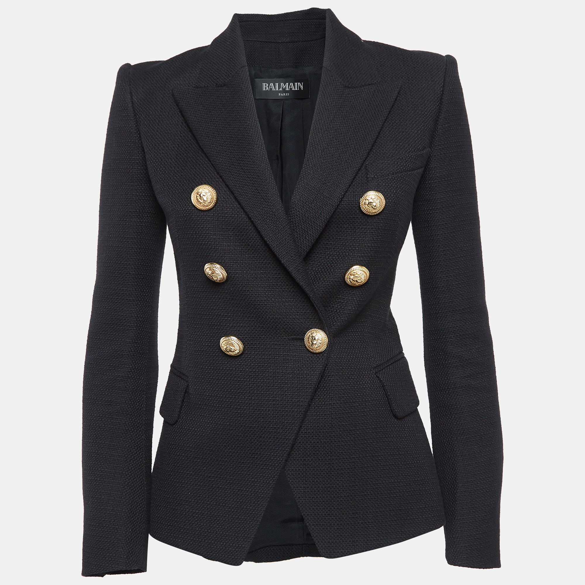 

Balmain Black Basketweave Cotton Double Breasted Blazer S