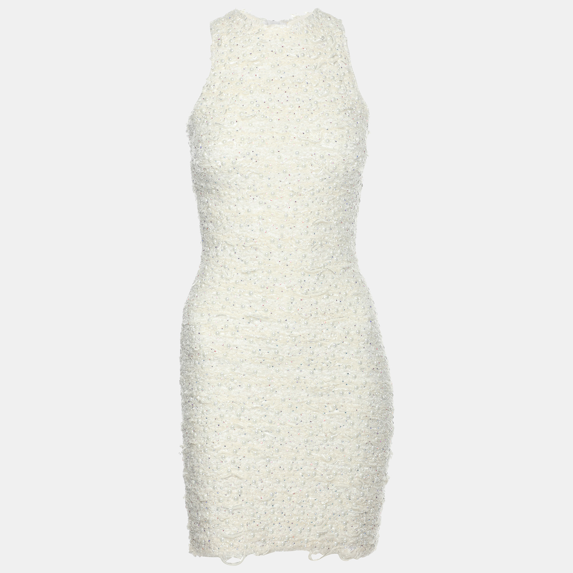 

Balmain Cream Textured Nylon Blend Pearl Detail Midi Dress XS