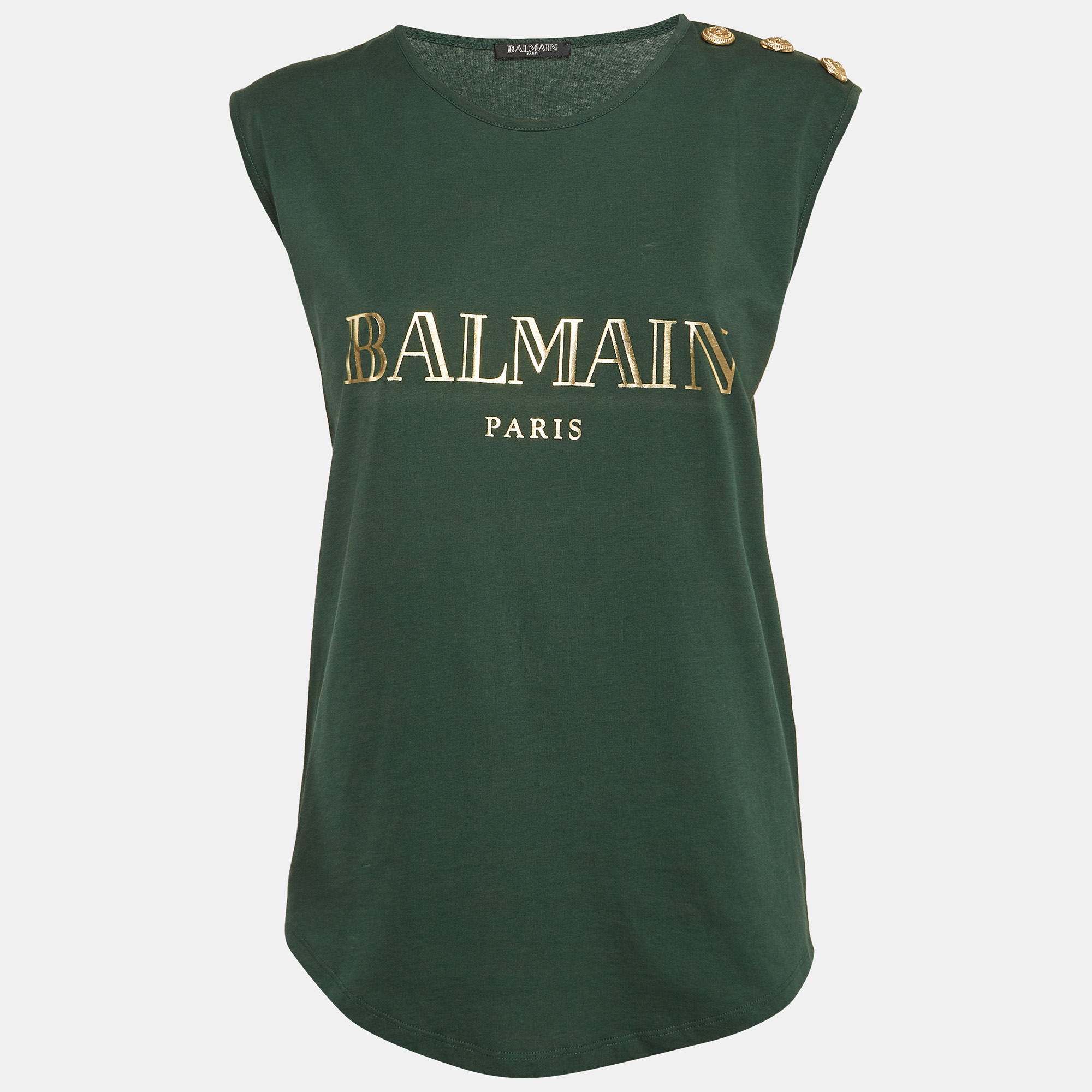 Pre-owned Balmain Green Logo Print Cotton Sleeveless T-shirt M