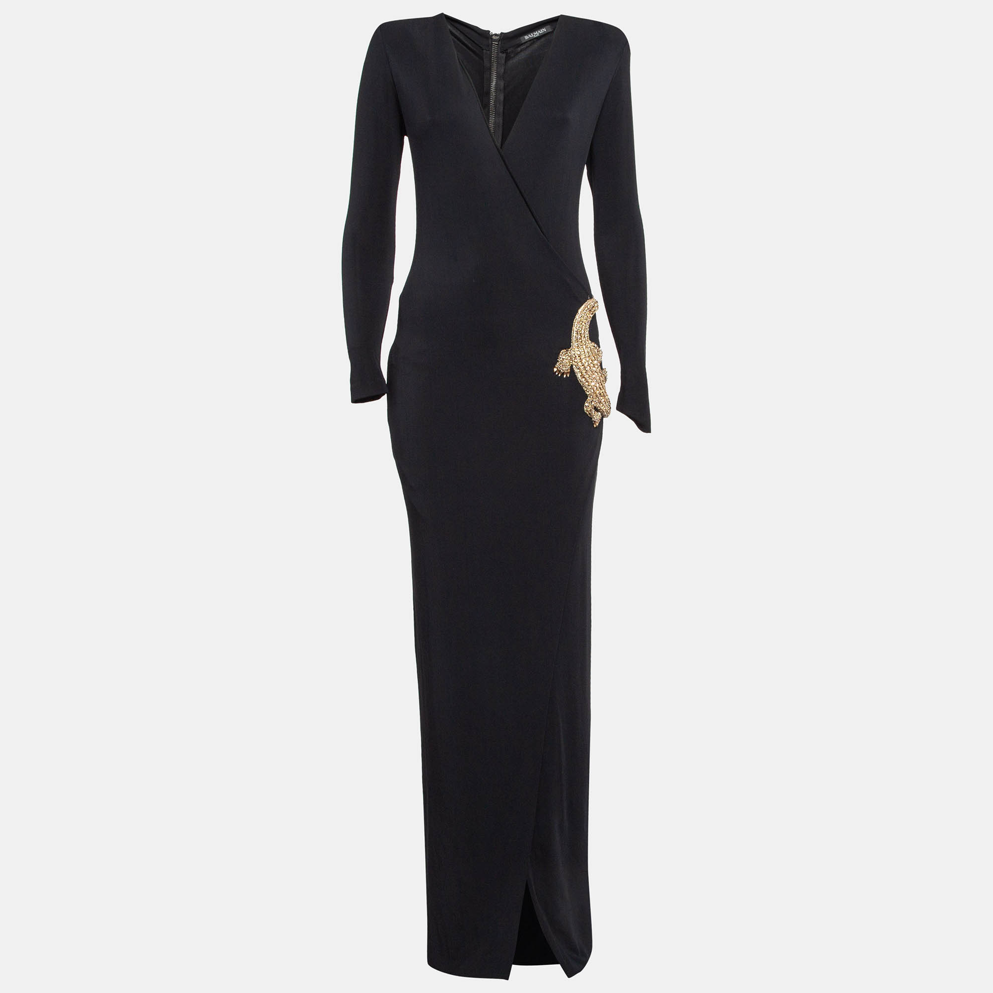 

Balmain Black Reptile Crystal Embellished Jersey Plunging Neck Maxi Dress S