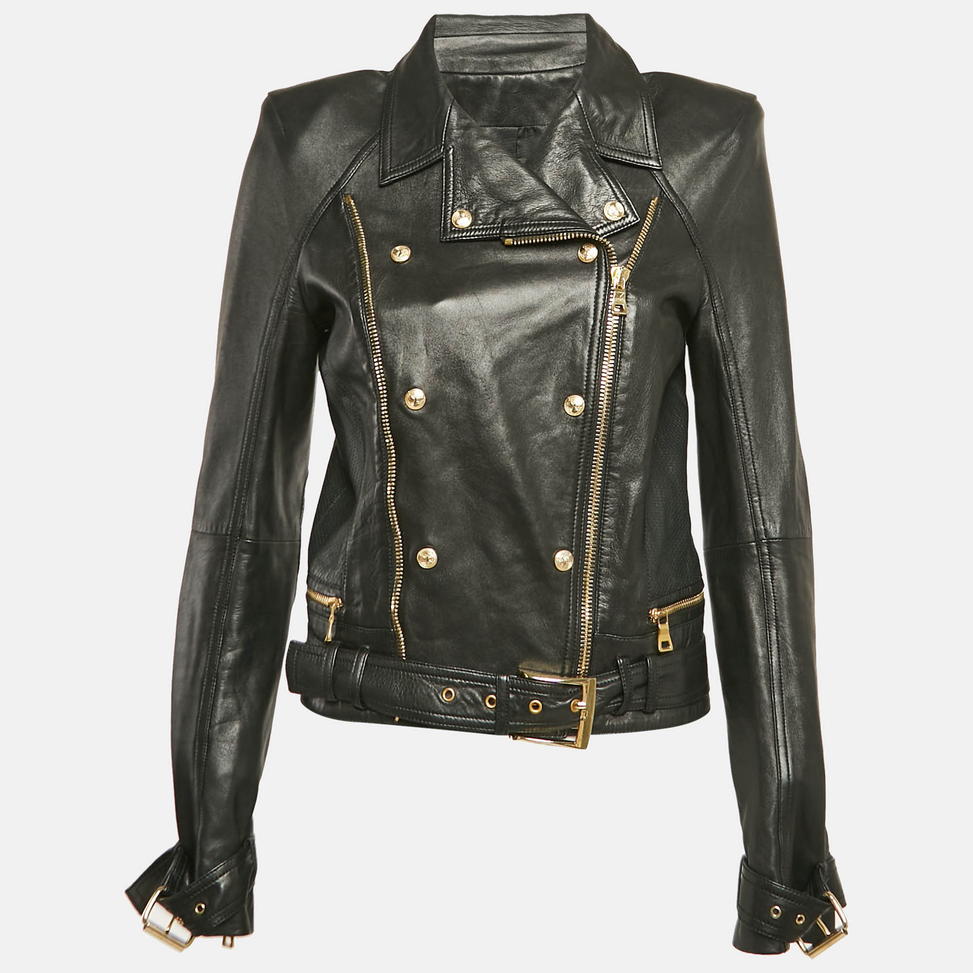 

Balmain Black Leather Zip-Up Biker Jacket M