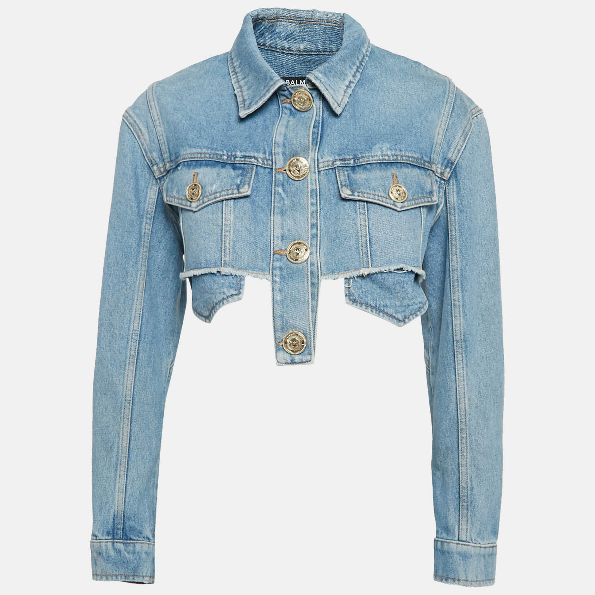 

Balmain Blue Distressed Denim Raw Edge Crop Jacket S