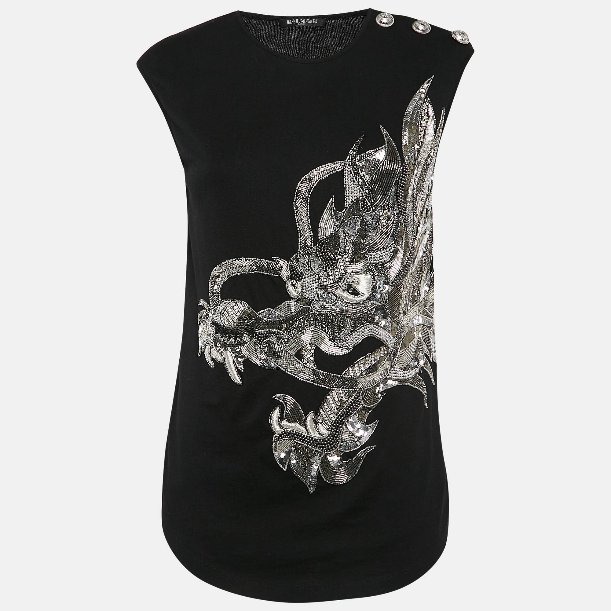 

Balmain Black Dragon Embellished Cotton Knit Sleeveless Top M