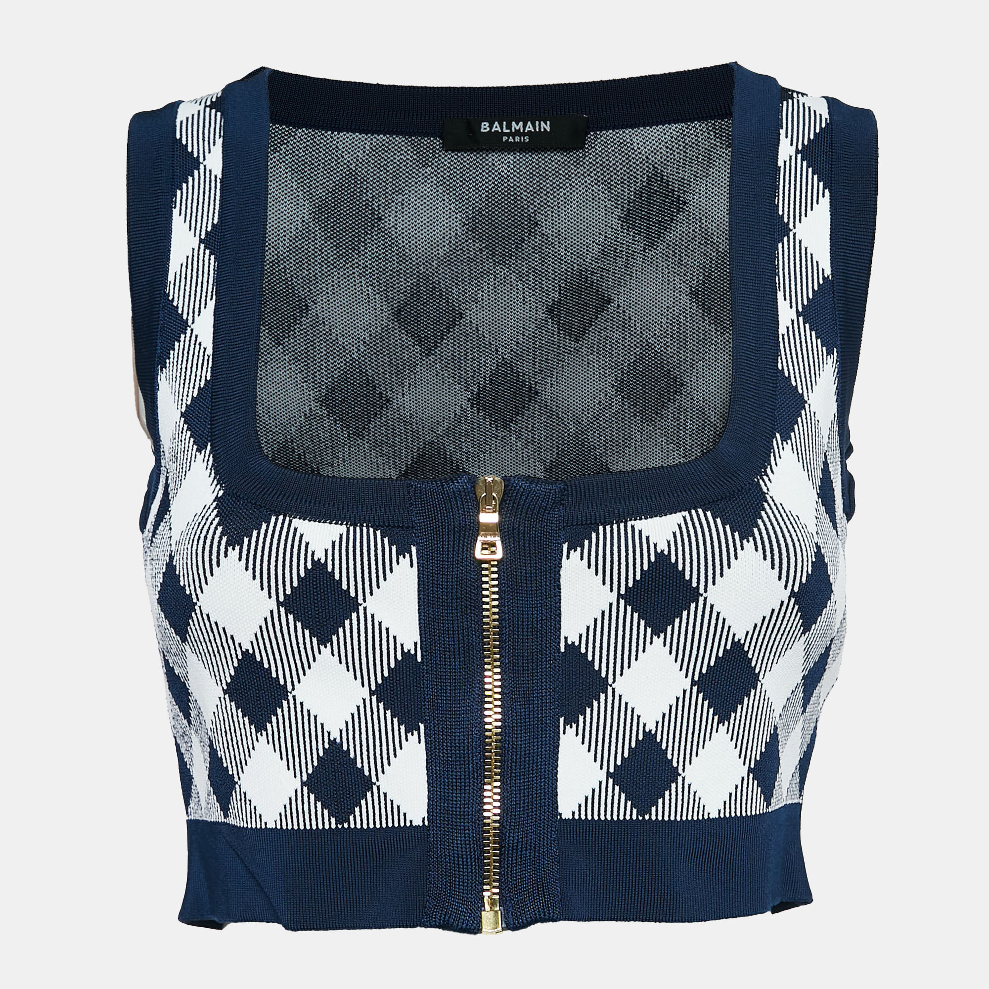 

Balmain Blue/White Checked Stretch Knit Zip-Up Crop Top S