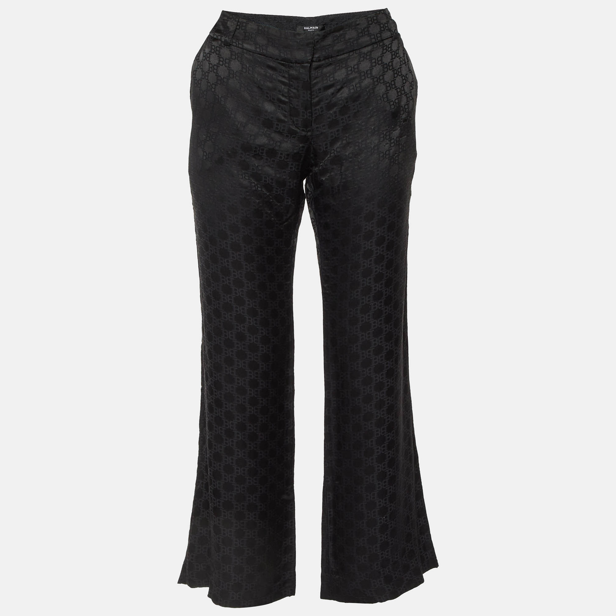 

Balmain Black Logo Jacquard Silk Blend Palazzo Pants L