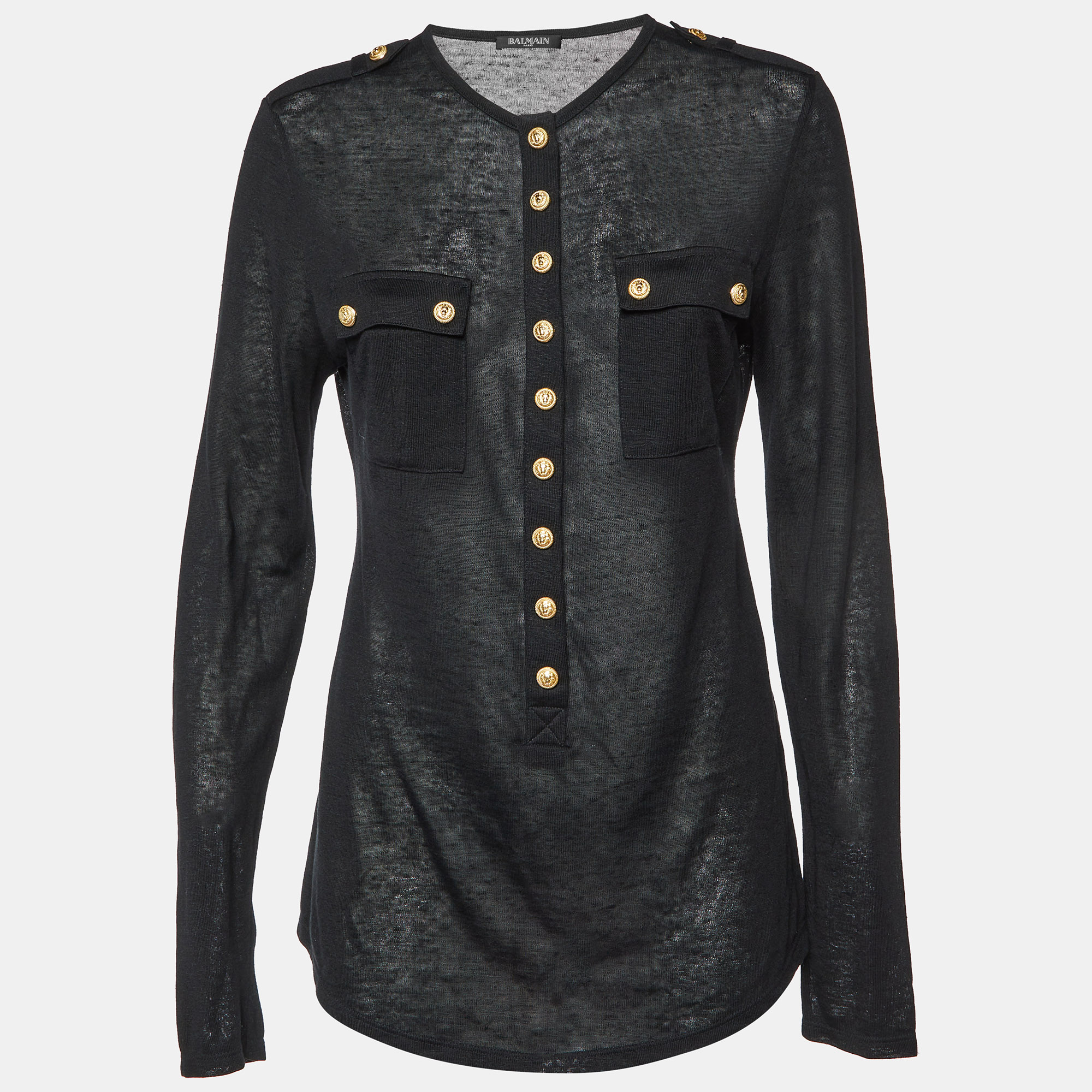 

Balmain Black Linen Knit Button Detail Long Sleeve Top M