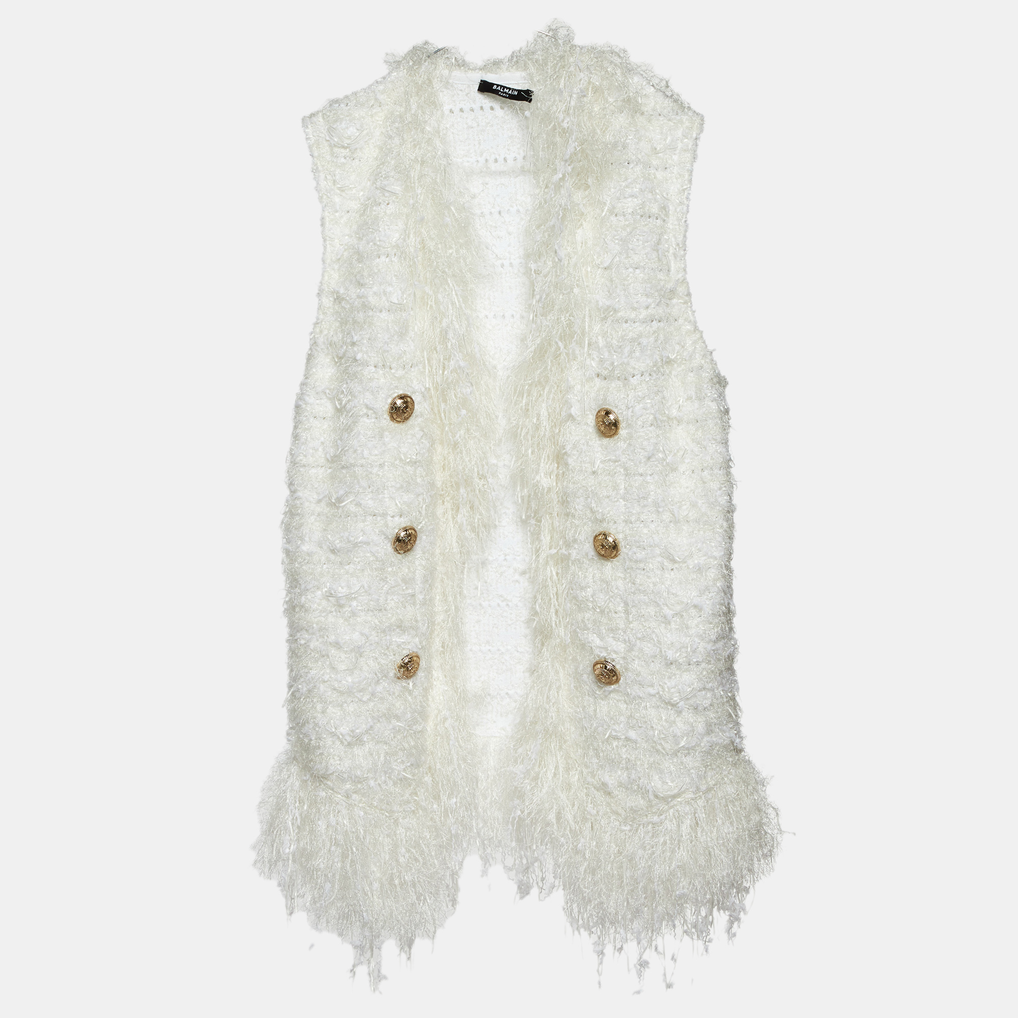 

Balmain White Patterned Knit Fringed Open Front Cardigan M