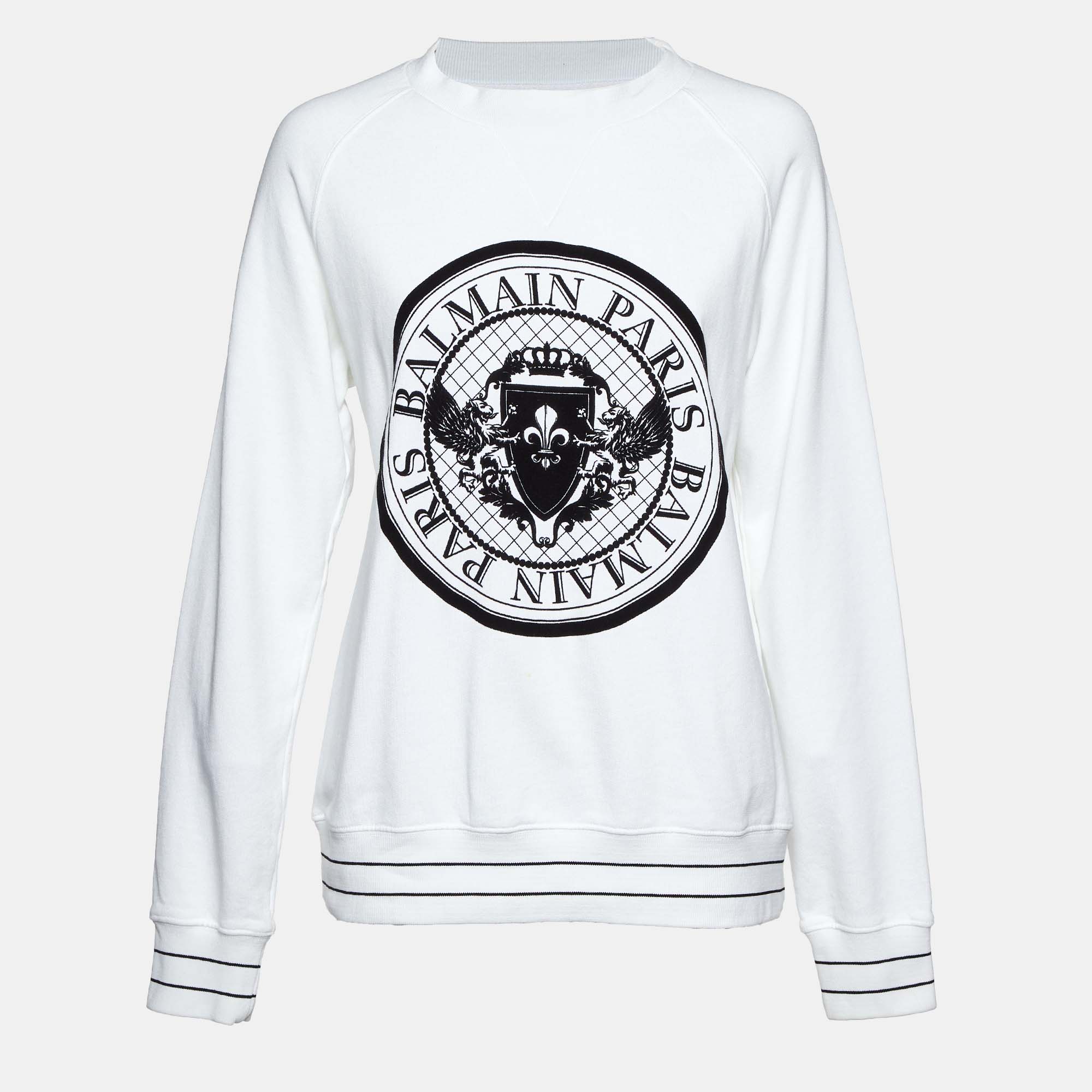 

Balmain White Logo Flock Print Cotton Sweatshirt M