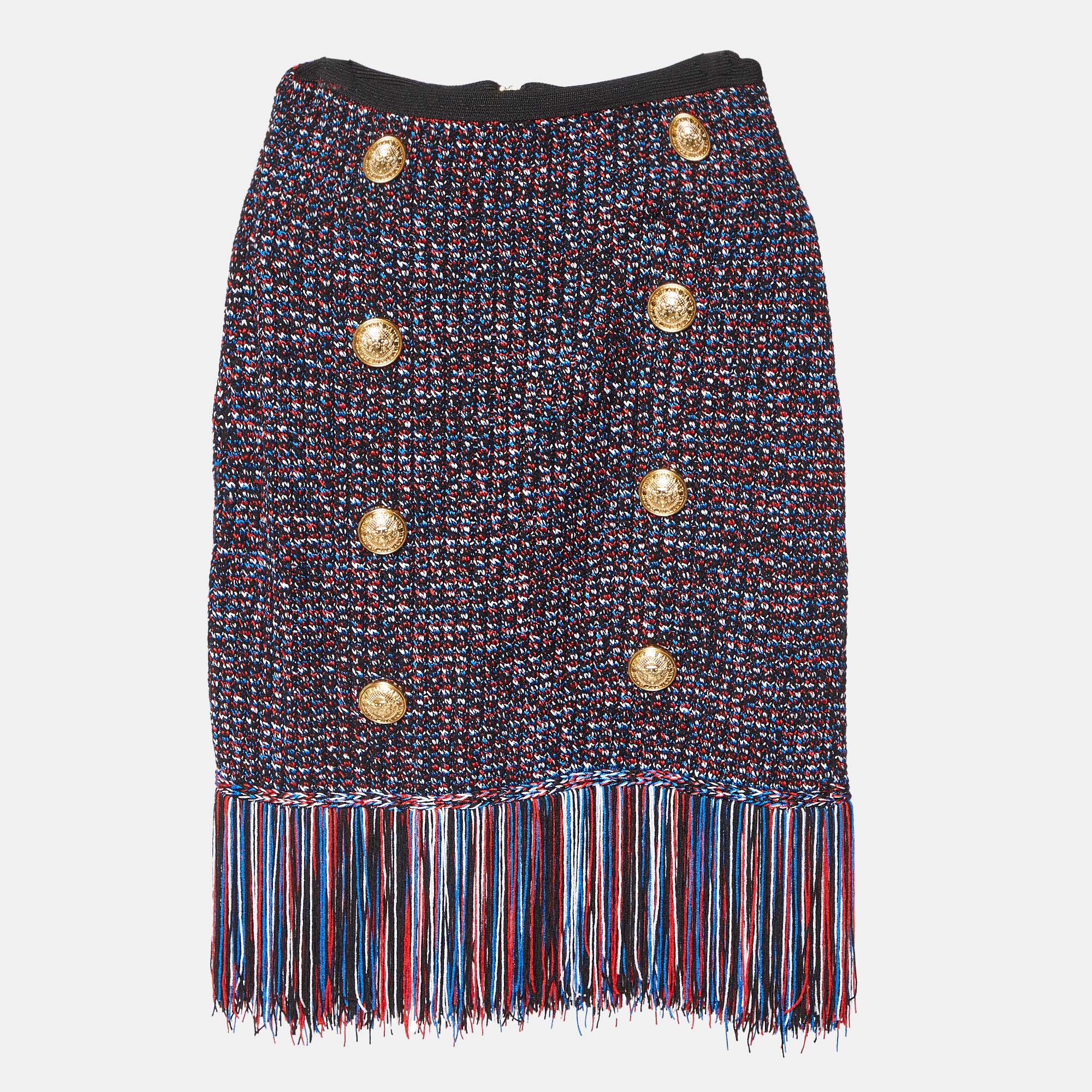 

Balmain Multicolor Knit Button Detail Fringed Mini Skirt M