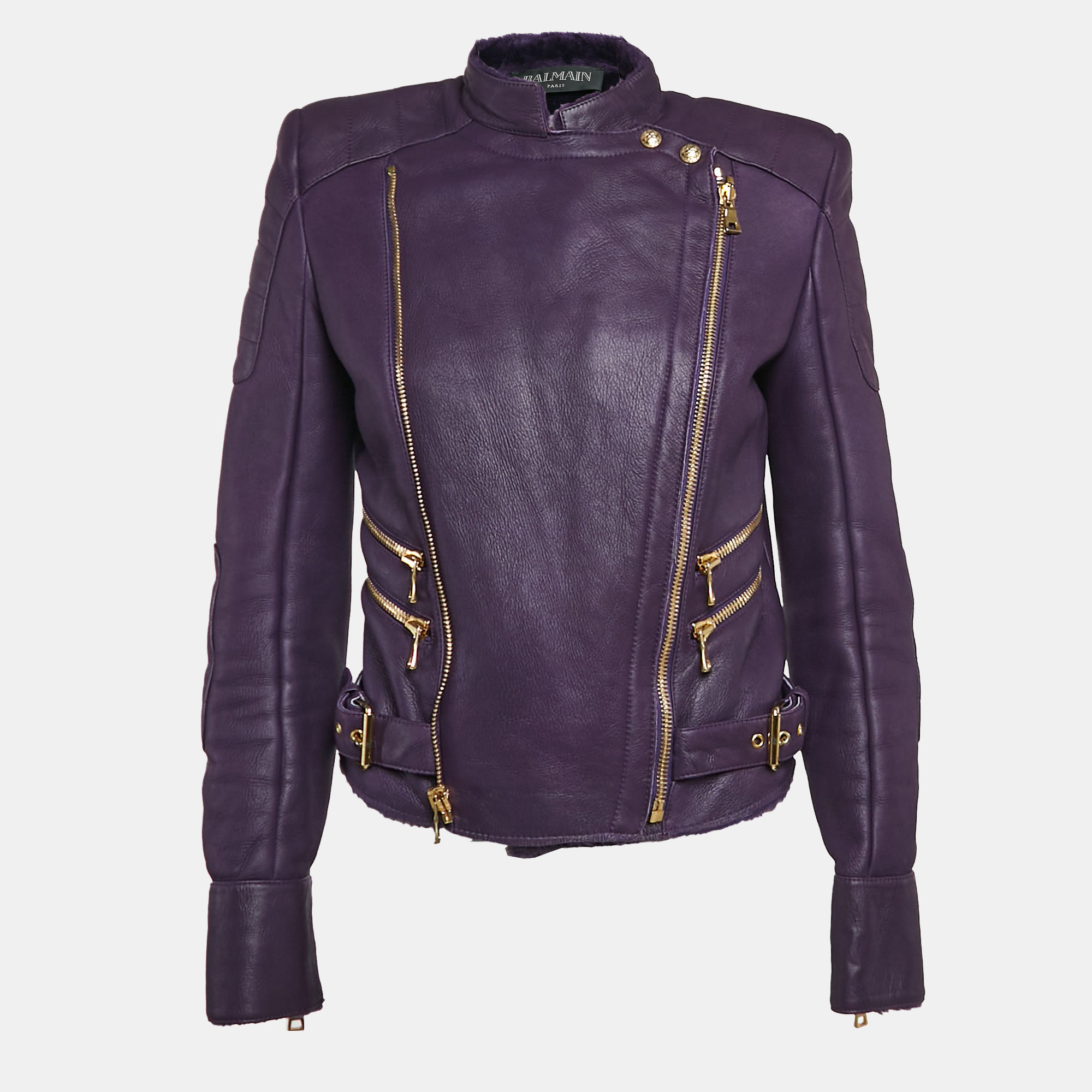 

Balmain Purple Shearling Trim Leather Zipper Detail Jacket M