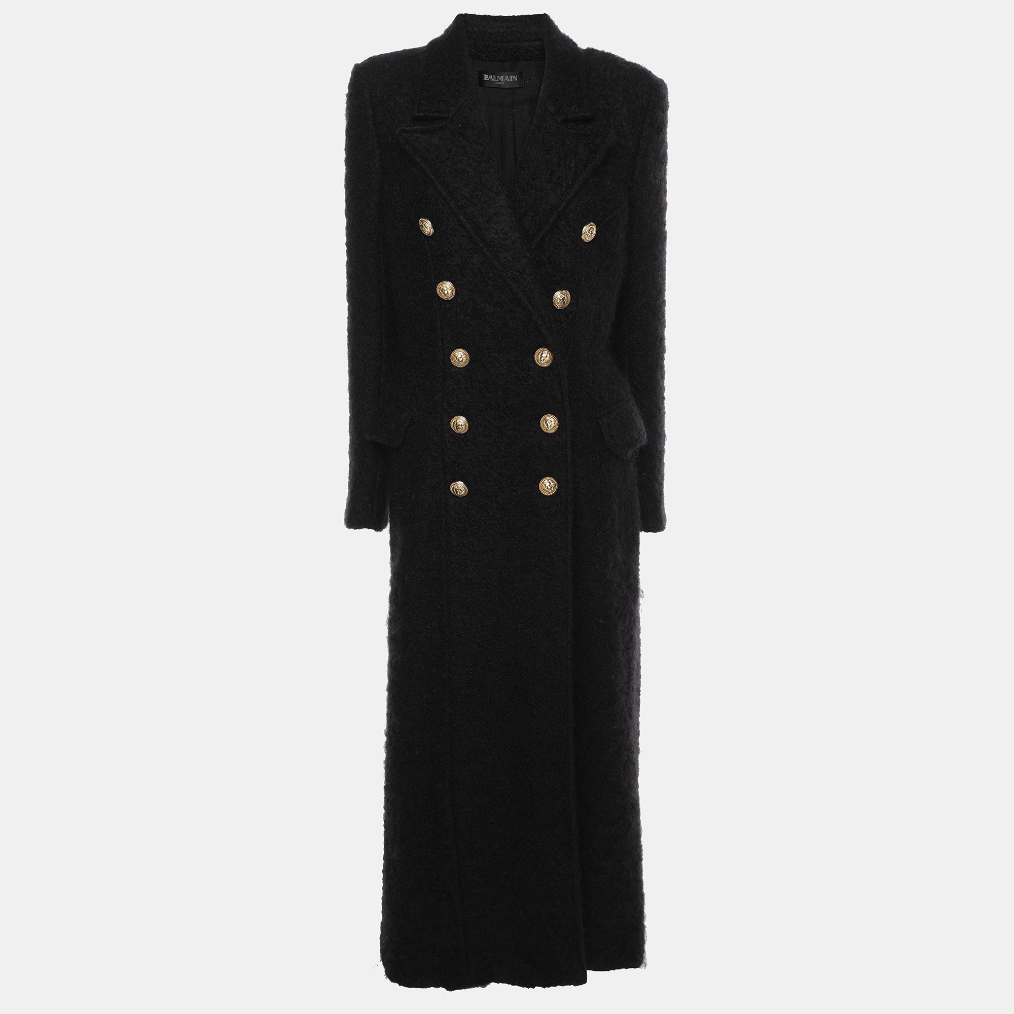 

Balmain Black Mohair Wool Double Breasted Long Coat L