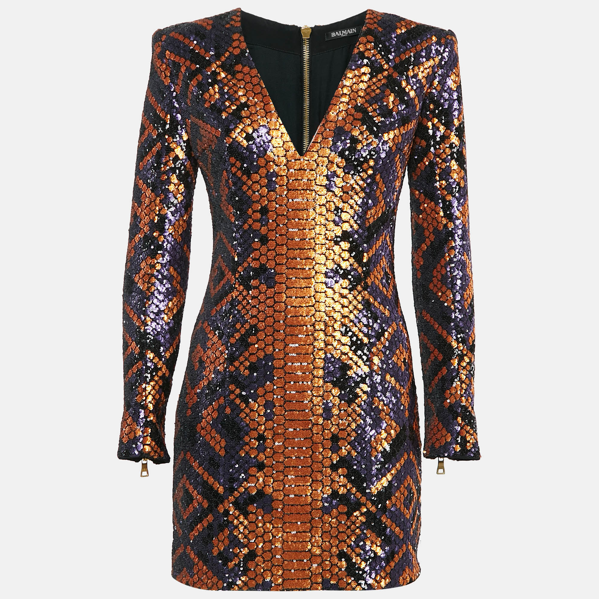 

Balmain Multicolor Snake Pattern Sequin Full Sleeve Mini Dress S