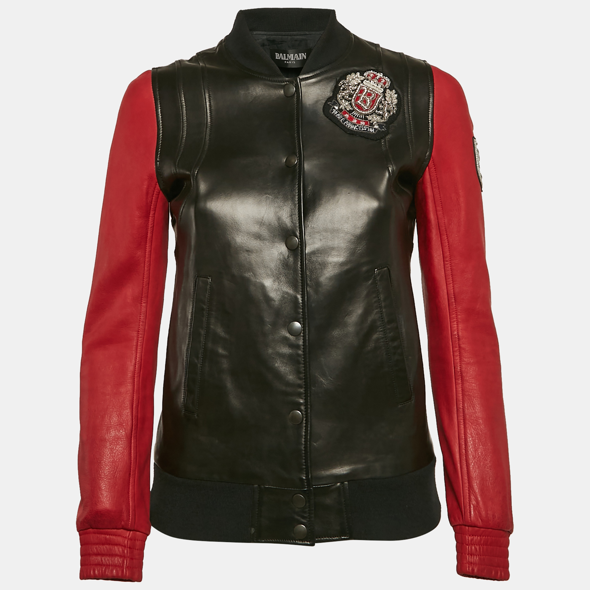 

Balmain Black/Red Leather Applique Detail Bomber Jacket M