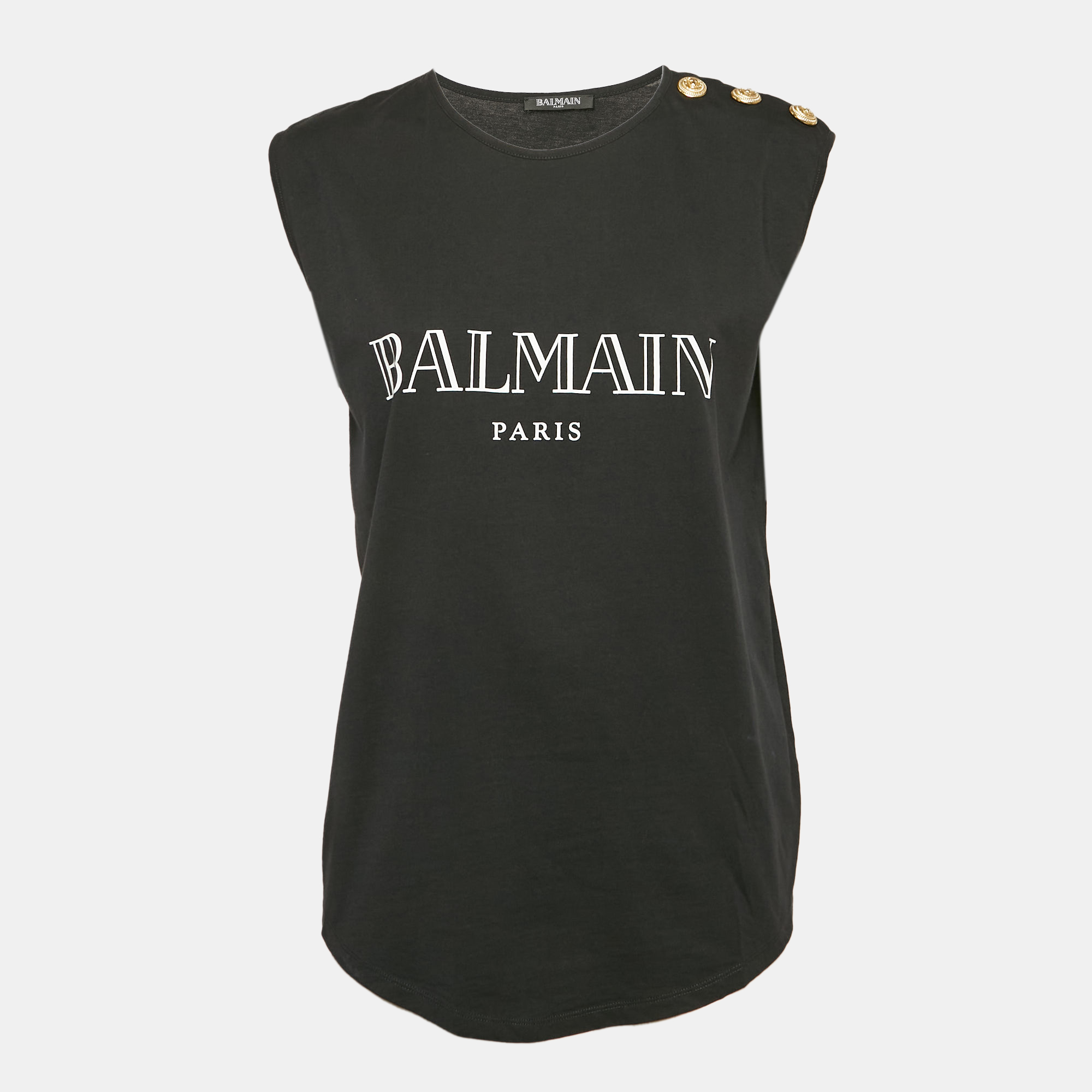 

Balmain Black Logo Print Jersey Button Detail Tank Top S