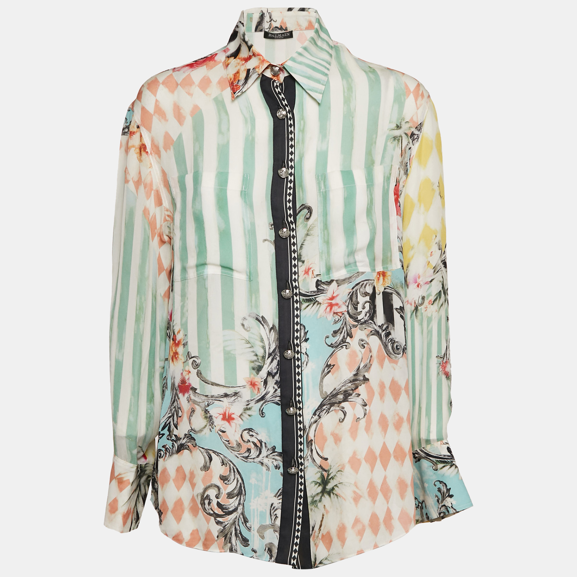 

Balmain Green Stripe and Floral Print Chiffon Shirt L