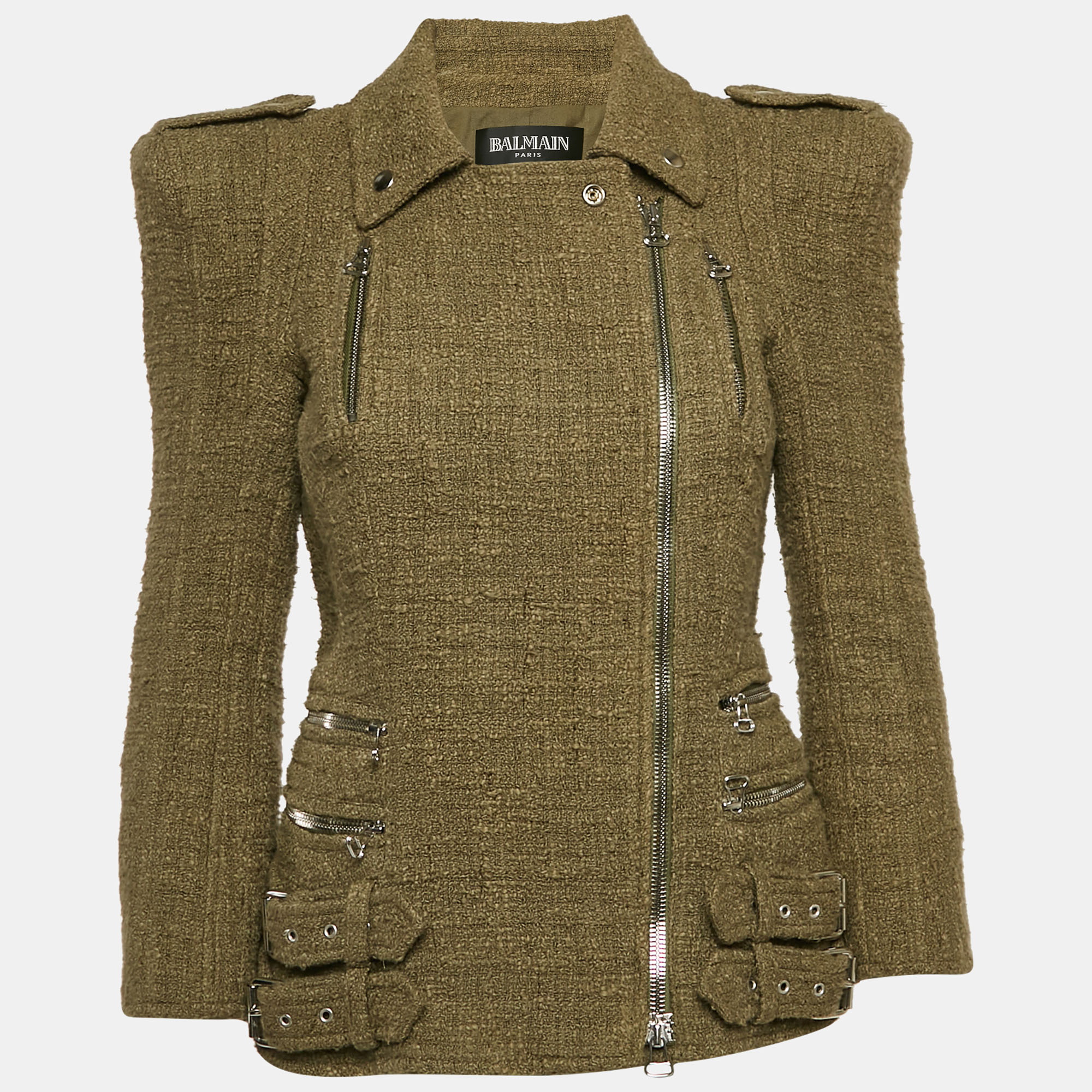 

Balmain Olive Green Tweed Zipper Detail Jacket M