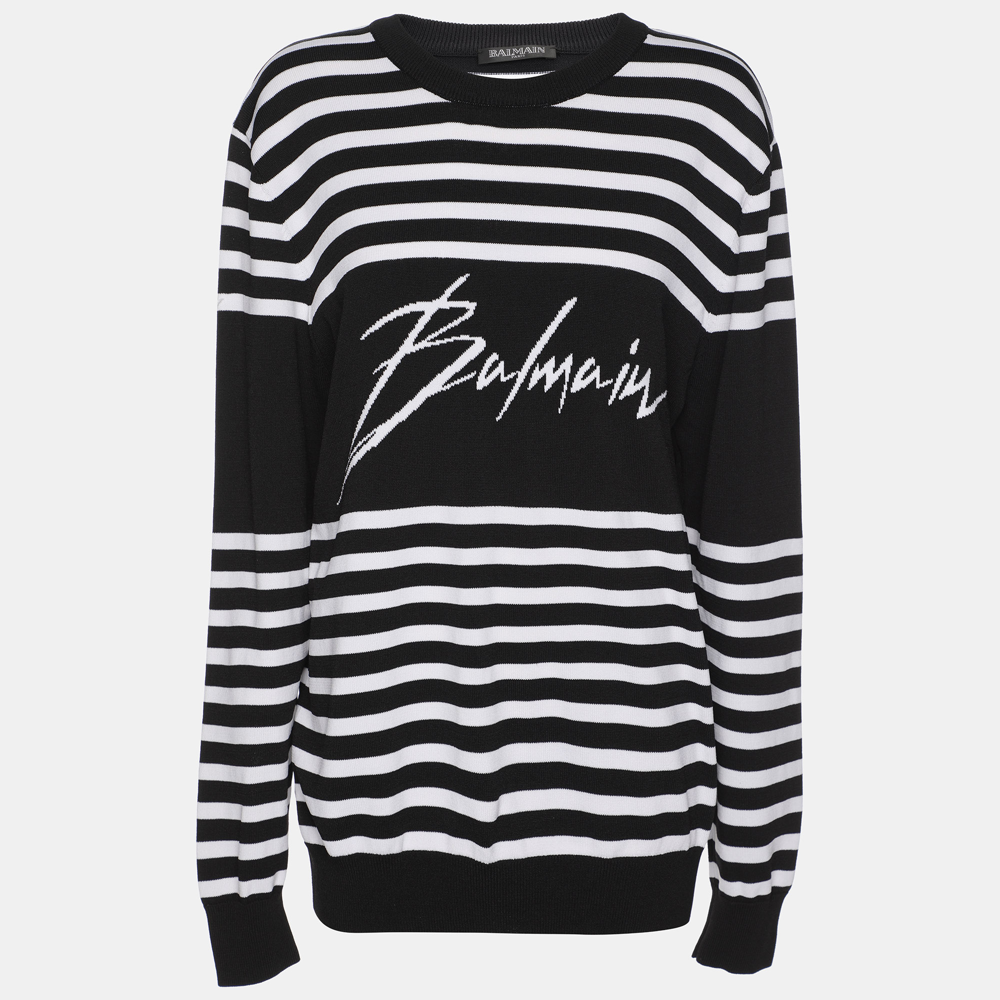 

Balmain Black/White Striped Knit Fabric Crew Neck Sweater M