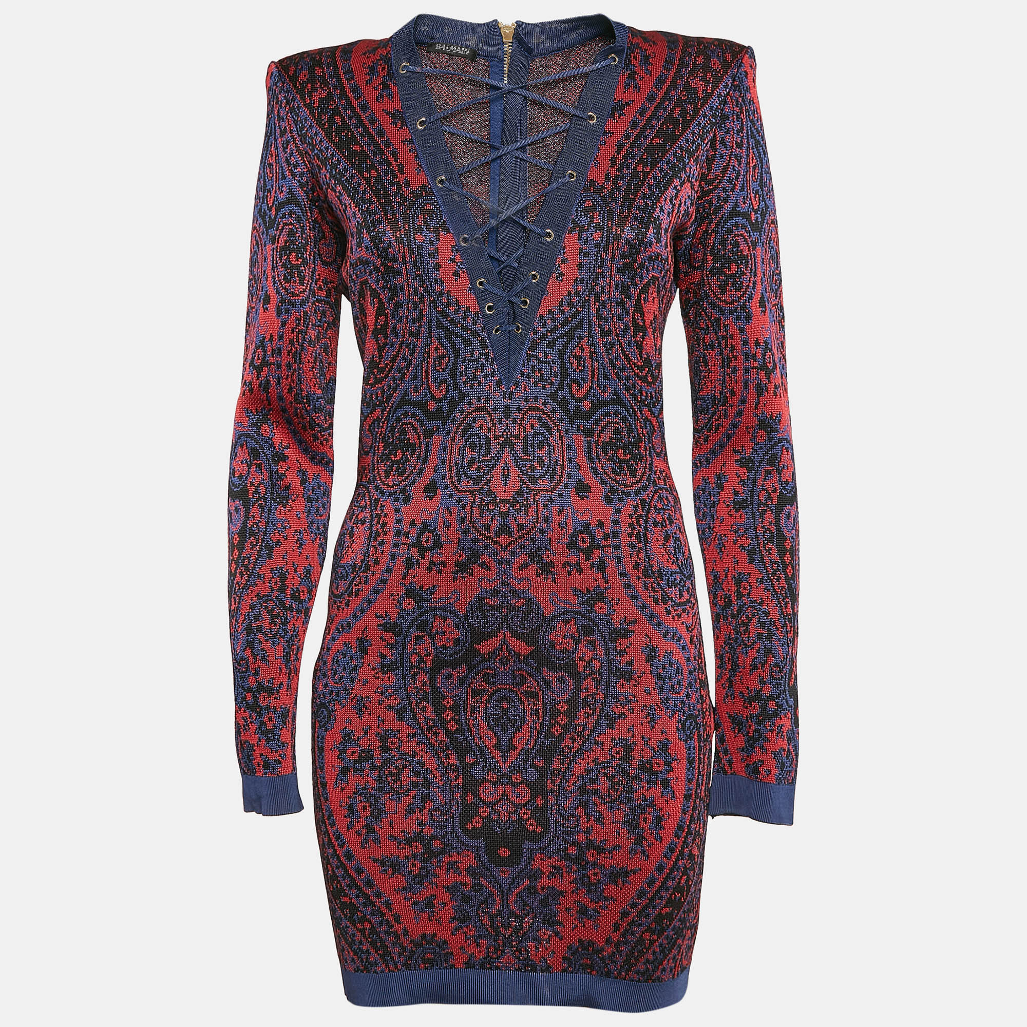 

Balmain Red/Blue Paisley Knit Lace-Up Mini Dress M