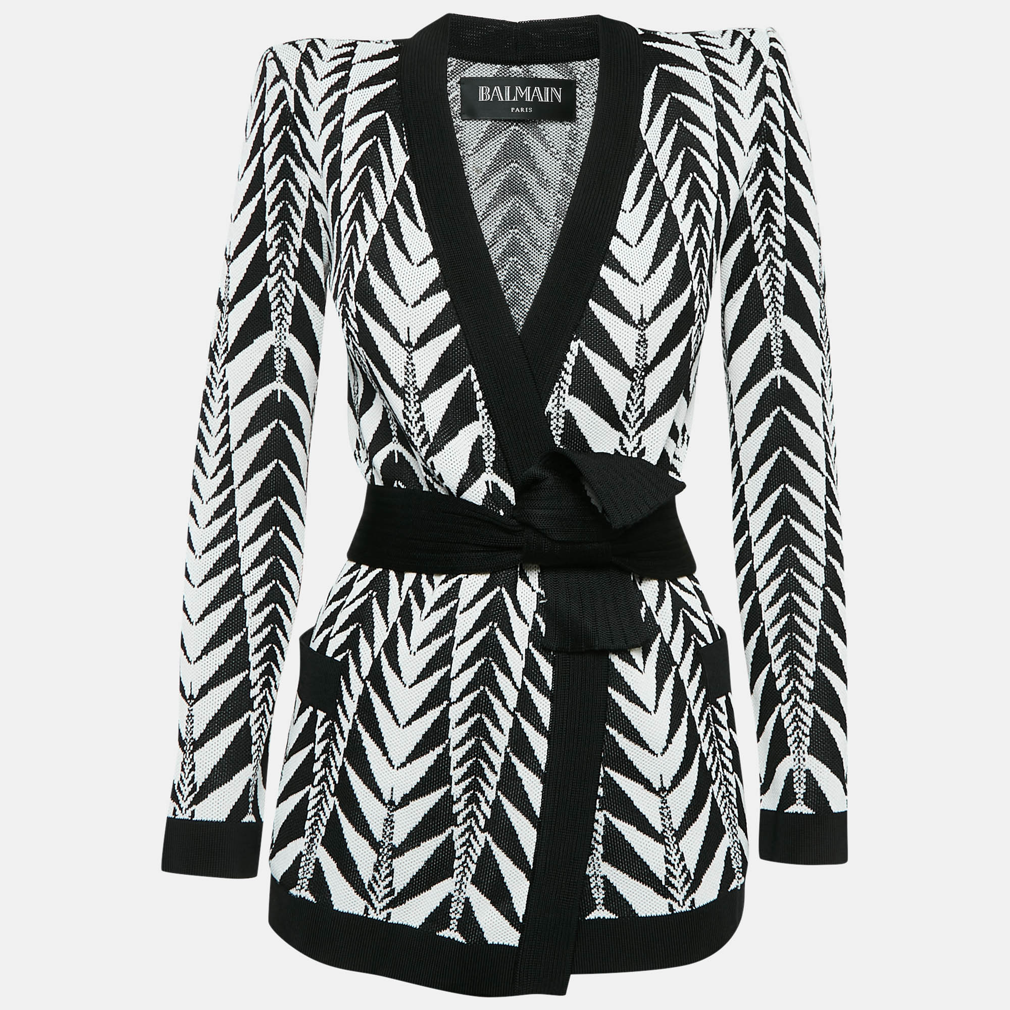 

Balmain White/Black Patterned Knit Belted Cardigan S