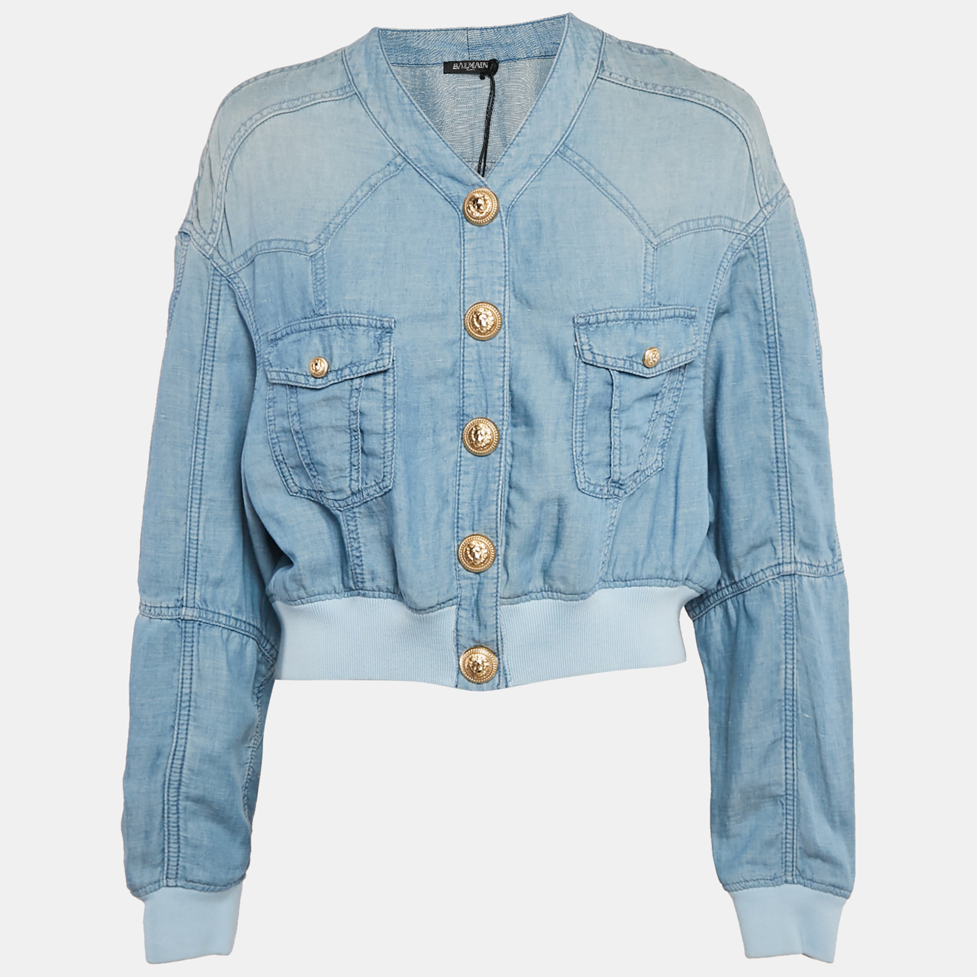 

Balmain Blue Lyocell and Linen Button Detail Bomber Jacket L