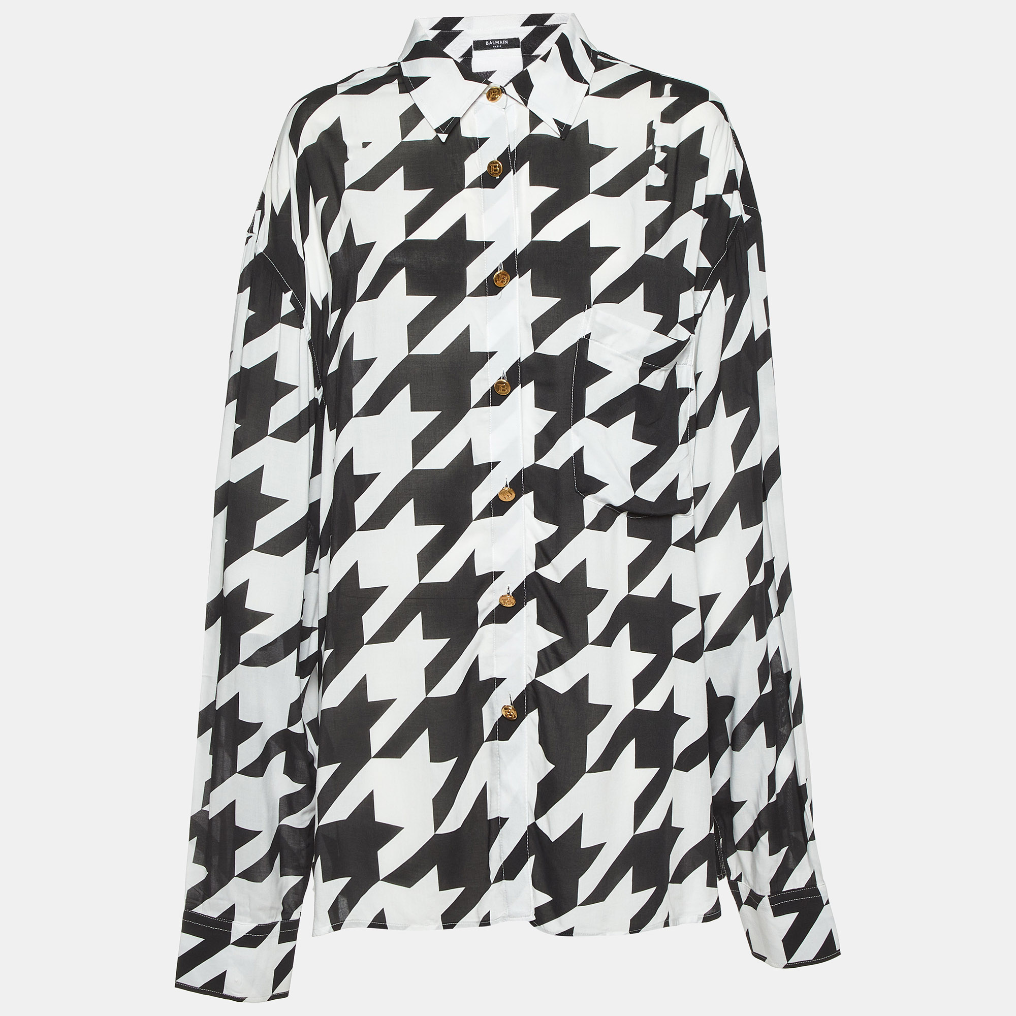 

Balmain Monochrome Houndstooth Print Poplin Button Front Shirt L, White