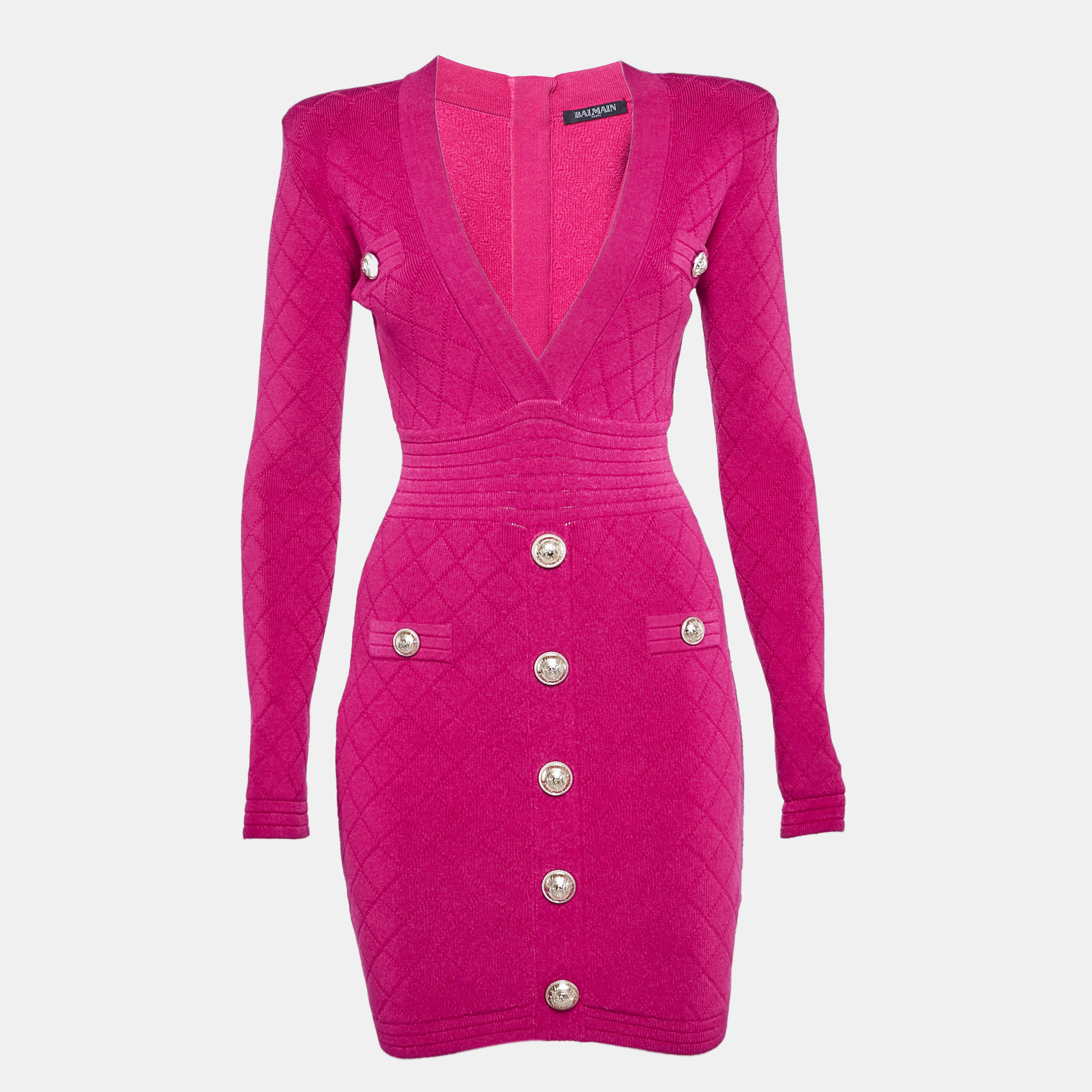 

Balmain Fuchsia Pink Jacquard Knit Button Detail Mini Dress S