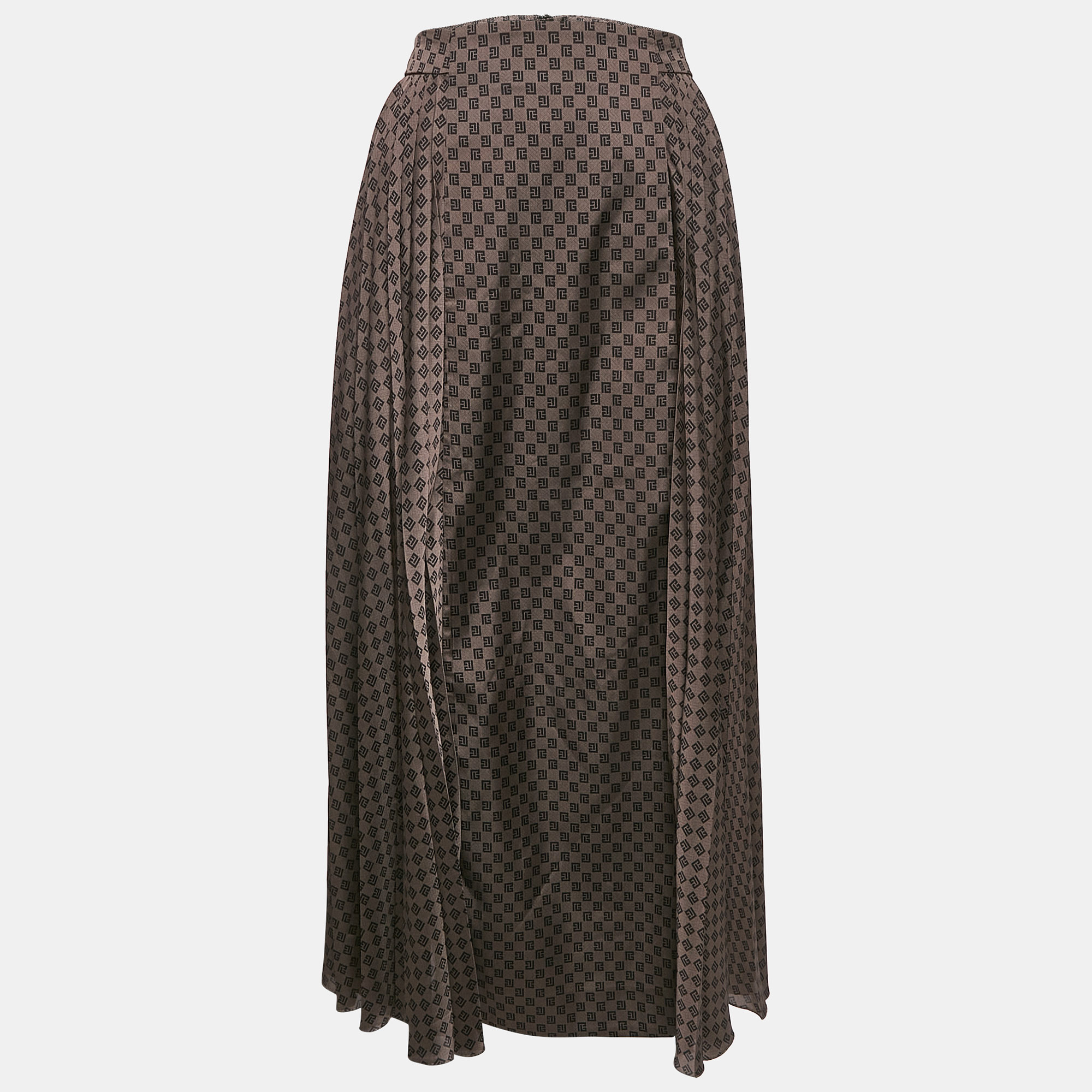 

Balmain Brown Monogram Print Satin Pleated Midi Skirt M