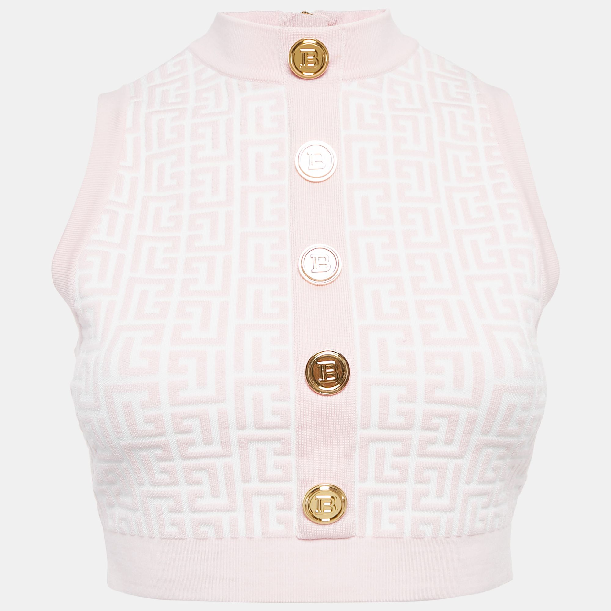 

Balmain Pink Monogram Jacquard Knit Sleeveless Crop Top S