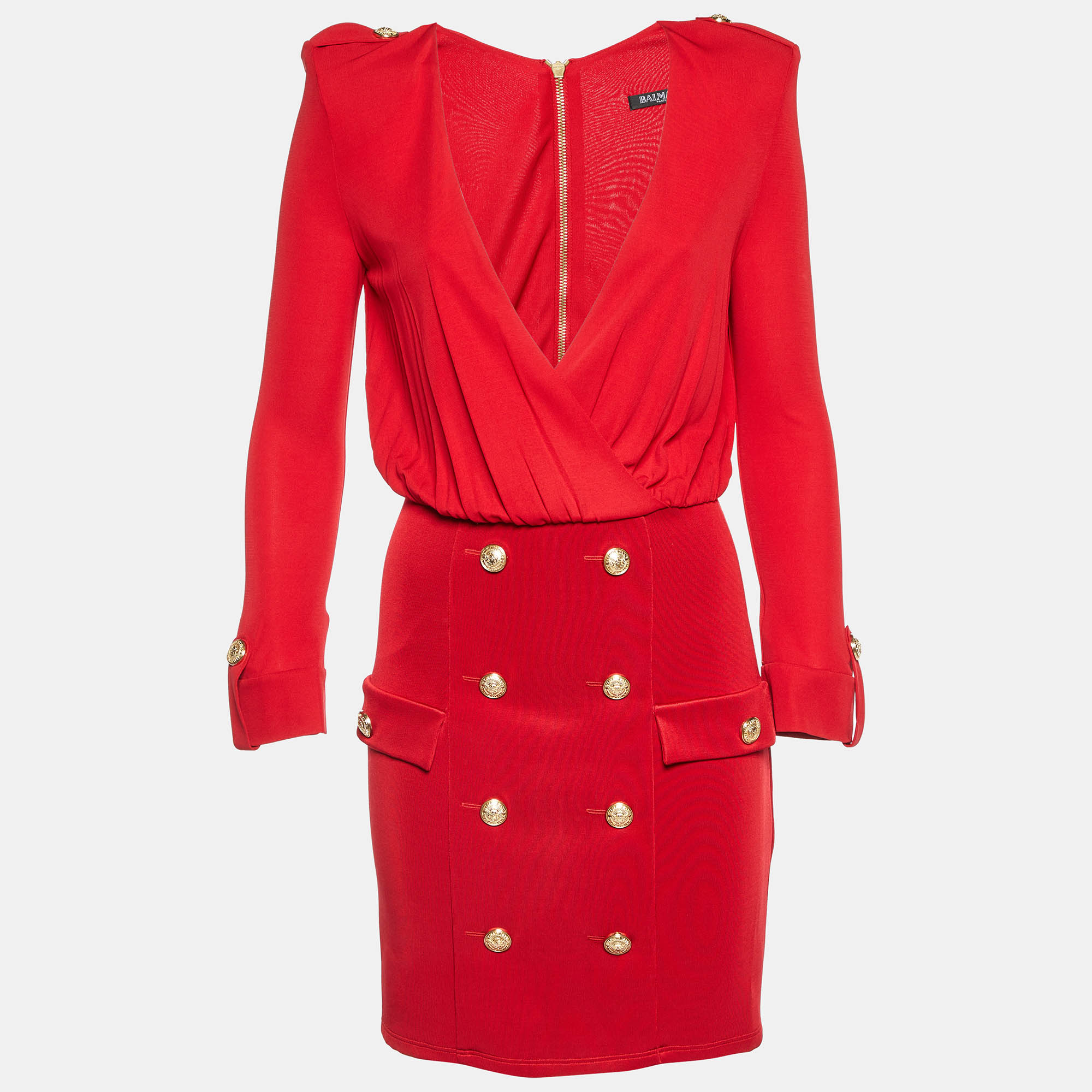 

Balmain Red Jersey Button Embellished Mini Dress M