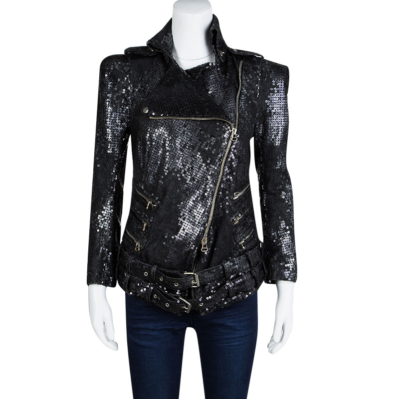 

Balmain Black Sequin Embellished Zipper Detail Denim Jacket