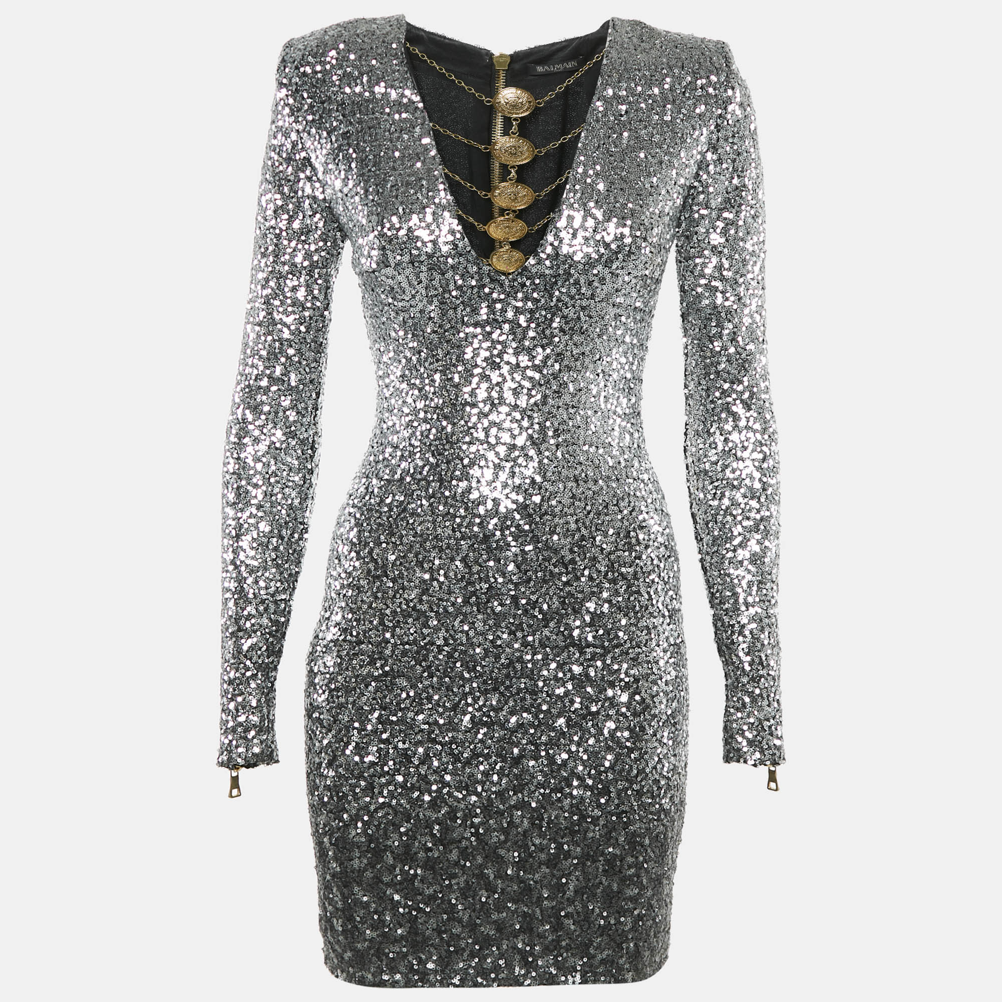 

Balmain Silver Sequin Metal Detail V-Neck Mini Dress S