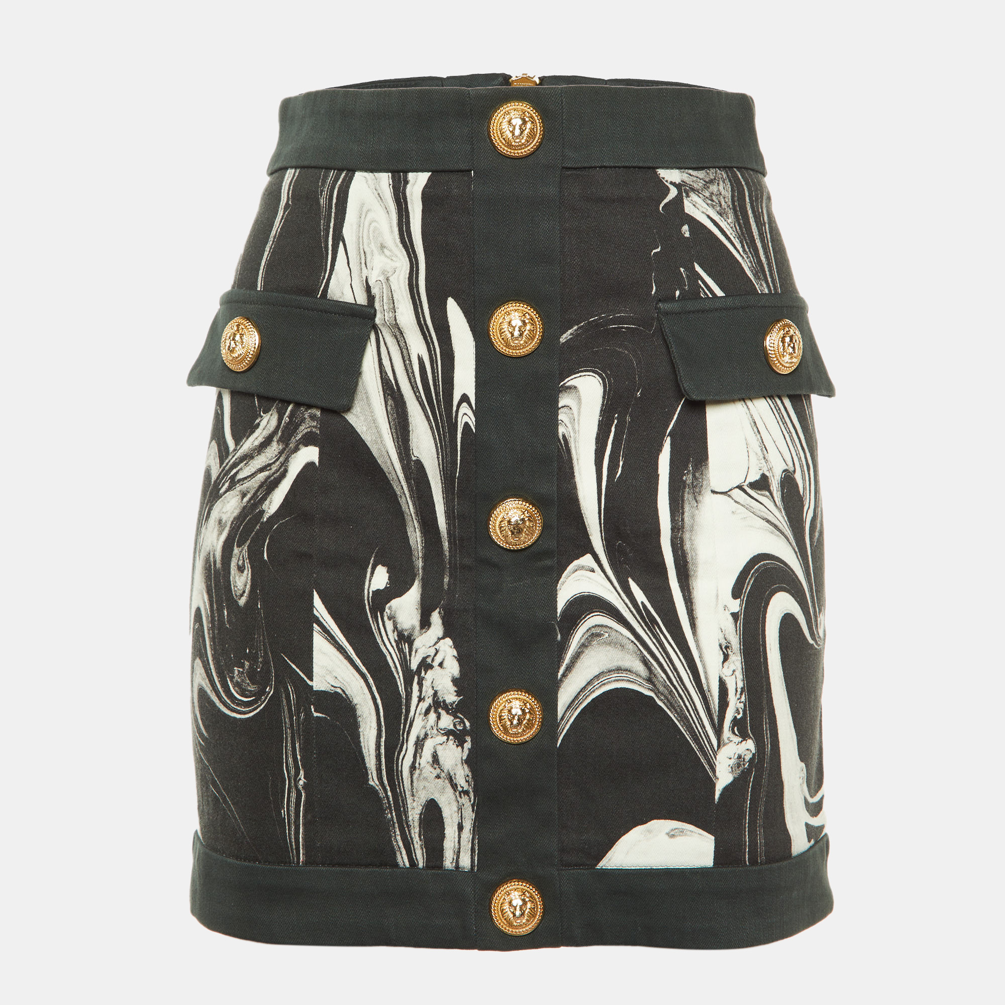 

Balmain Monochrome Marble Print Cotton Button Detail Mini Skirt S, Black