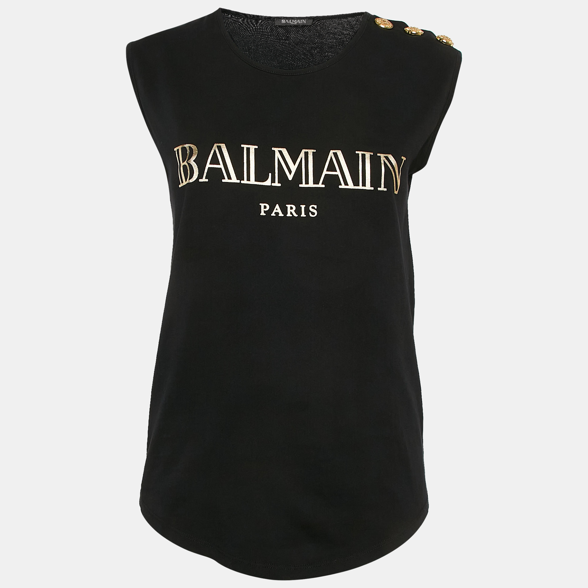 

Balmain Black Logo Print Cotton Knit Button Detail Sleeveless Top S