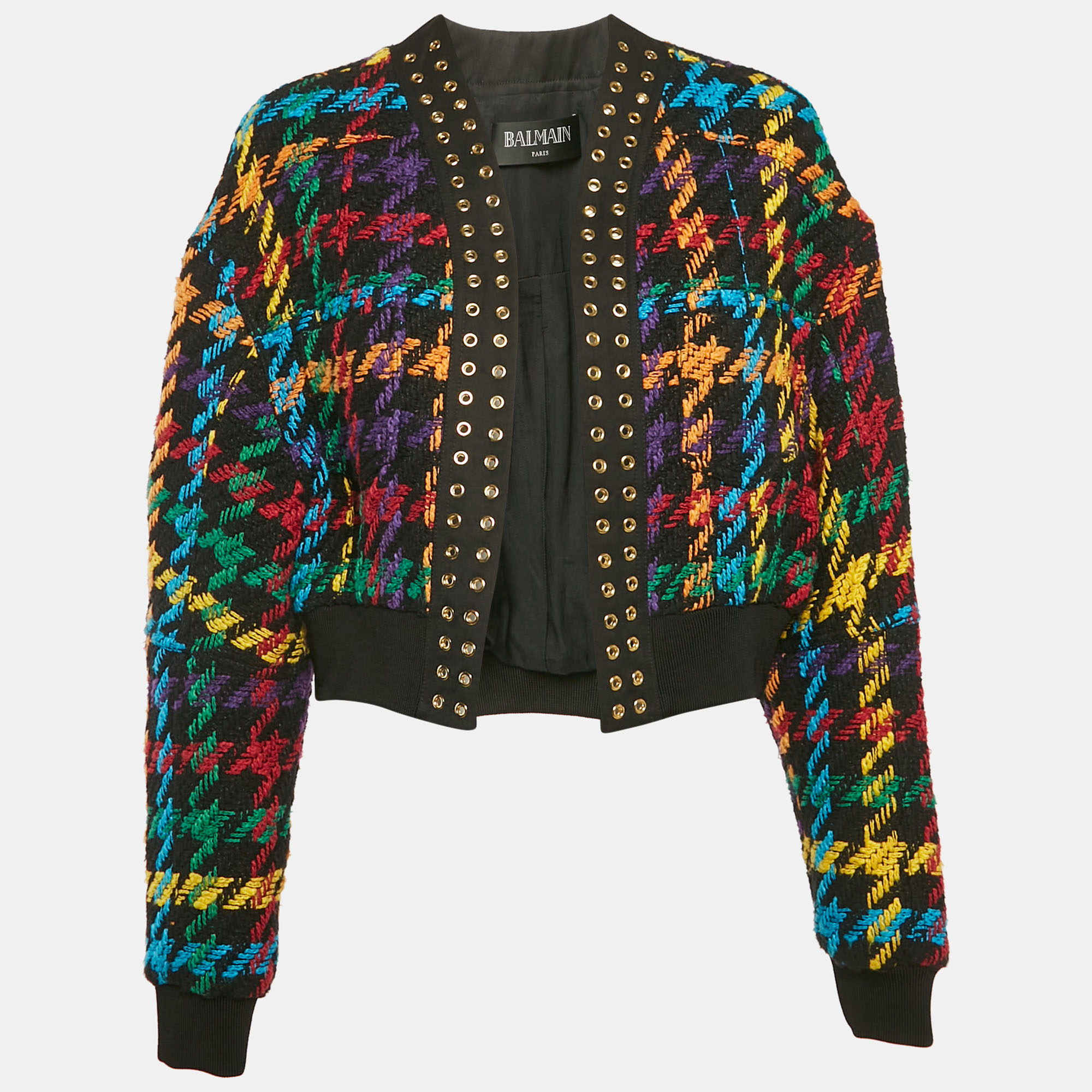 

Balmain Multicolor Houndstooth Cotton Blend Eyelet Detail Open Front Jacket S