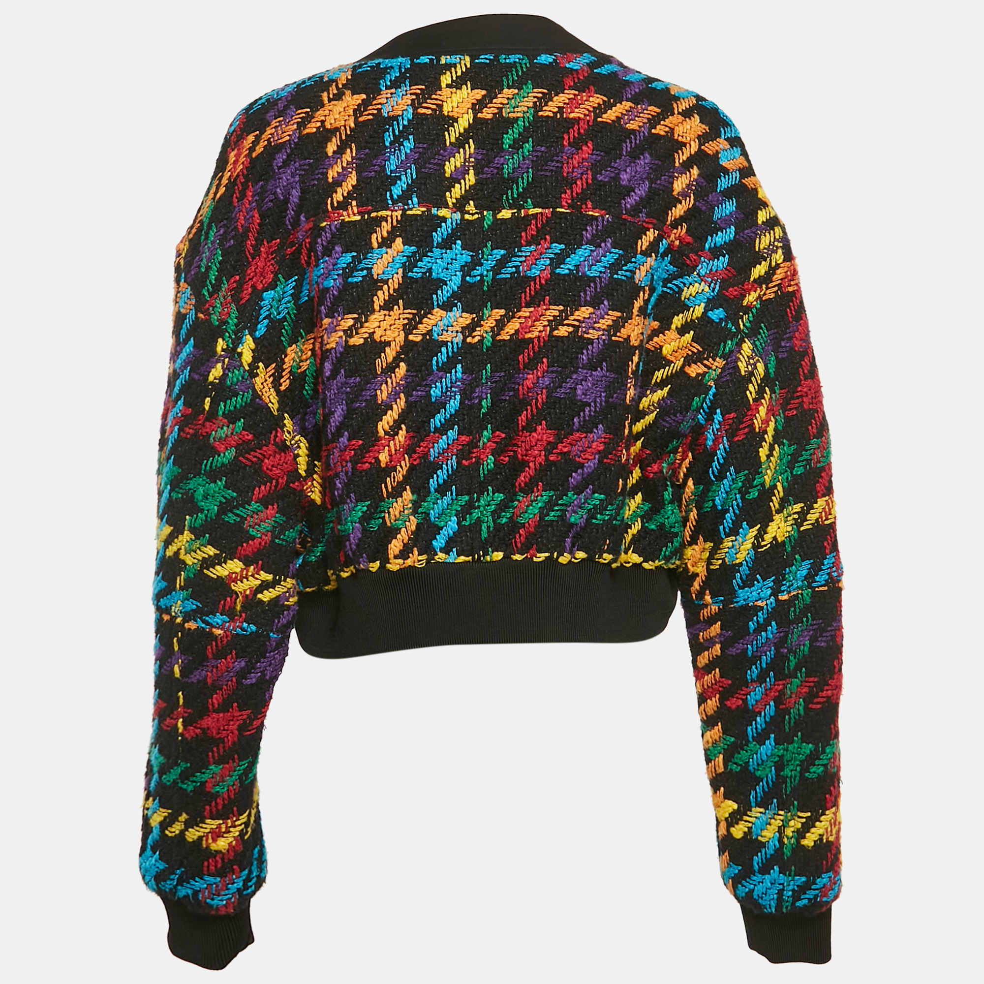 Balmain Multicolor Houndstooth Cotton Blend Eyelet Detail Open Front Jacket S 