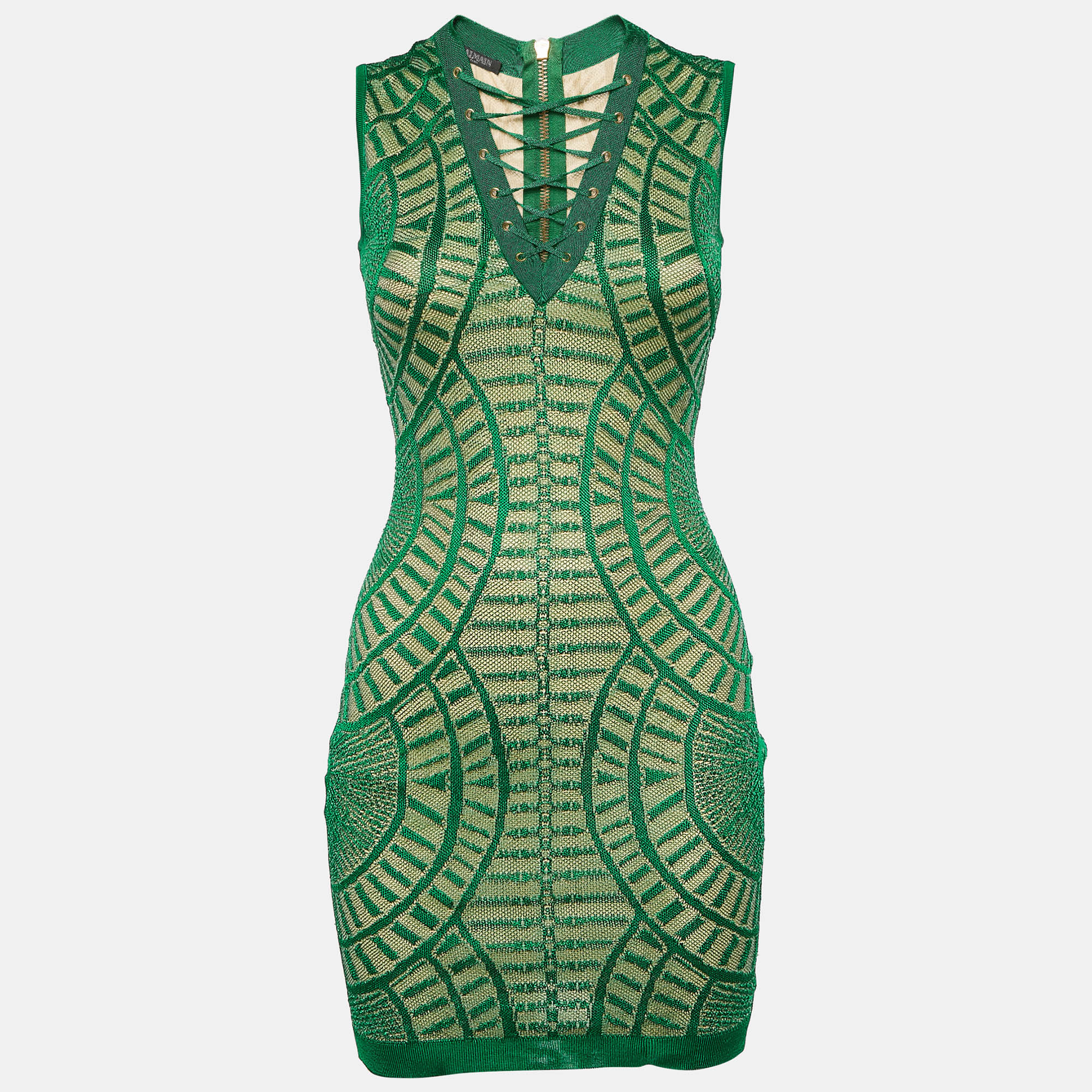 

Balmain Green Patterned Knit Sleeveless Lace-Up Bodycon Dress S