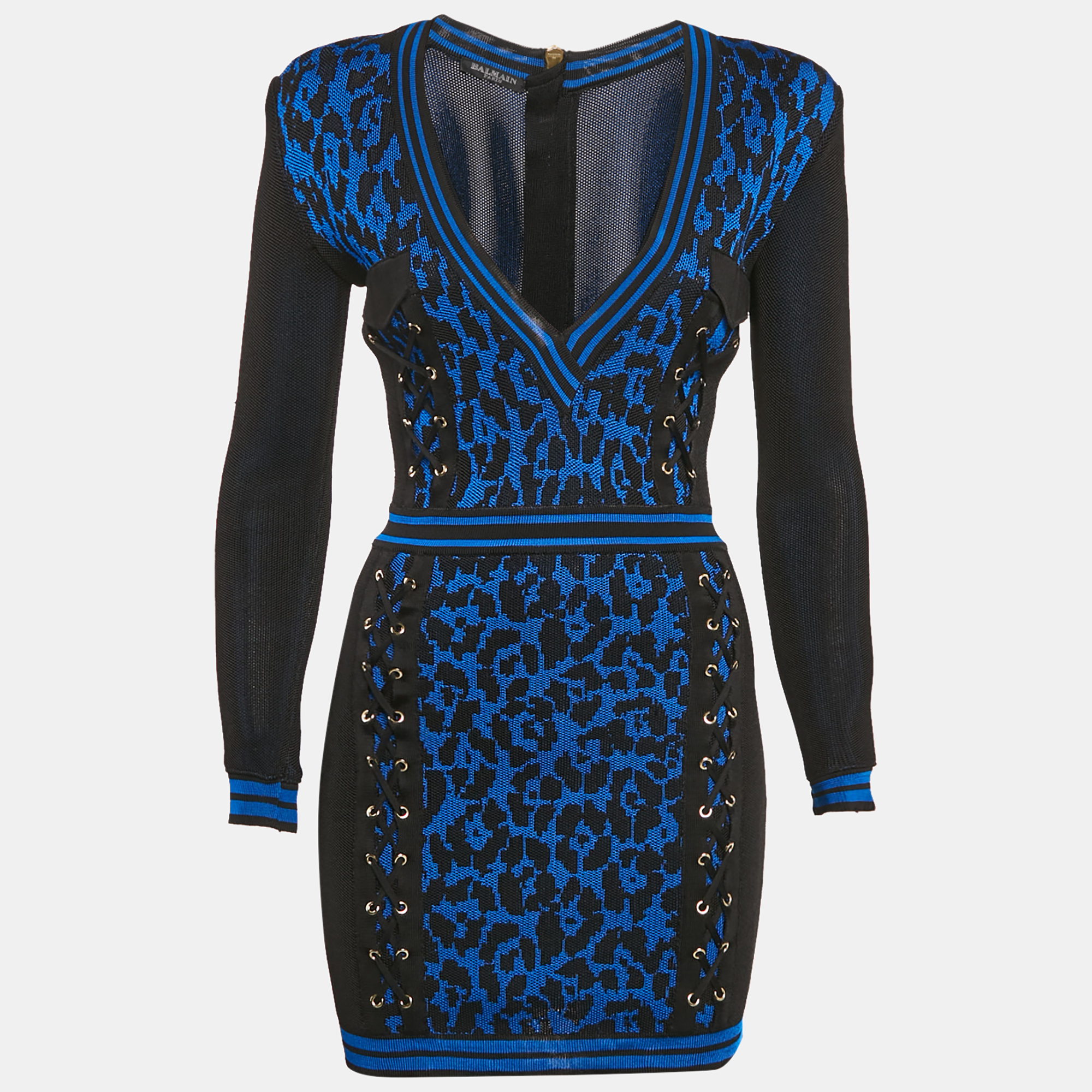 

Balmain Black/Blue Leopard Knit Lace-Up Mini Dress S