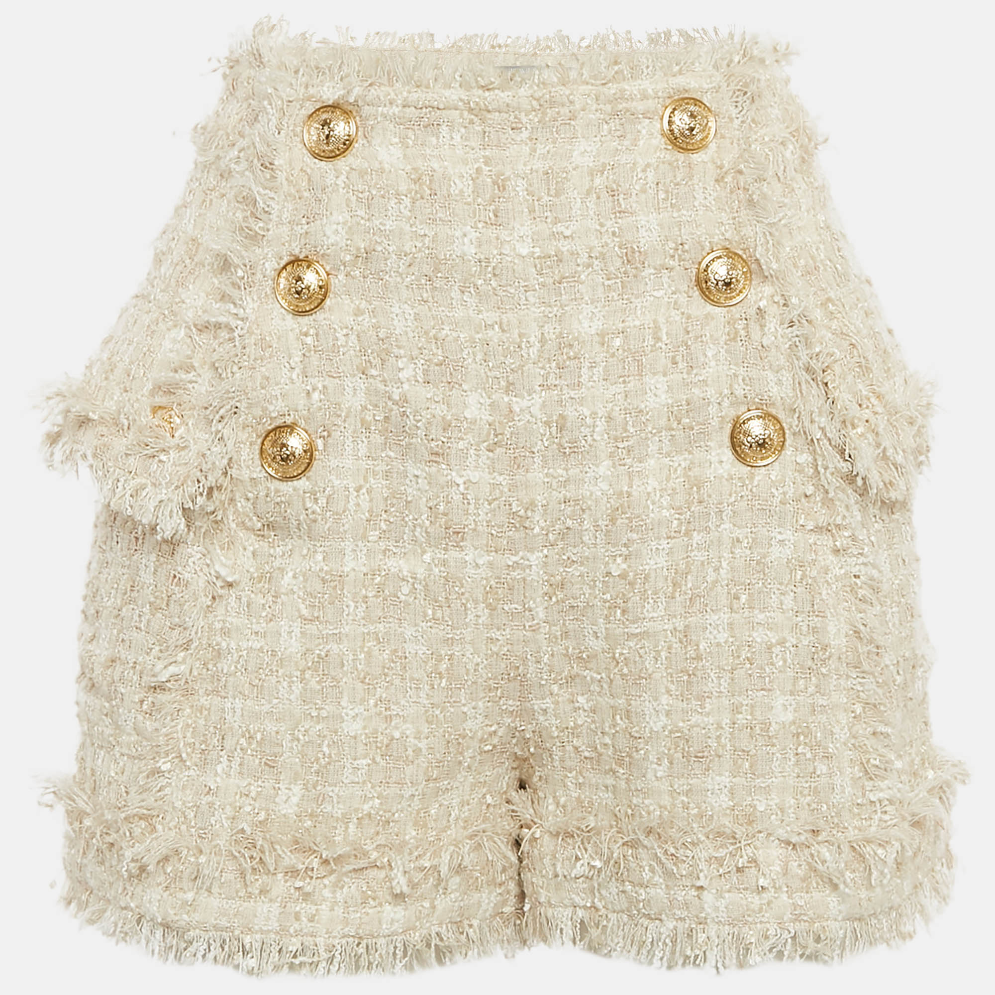 

Balmain Off-White Tweed Gold Tone Button Detail Shorts M