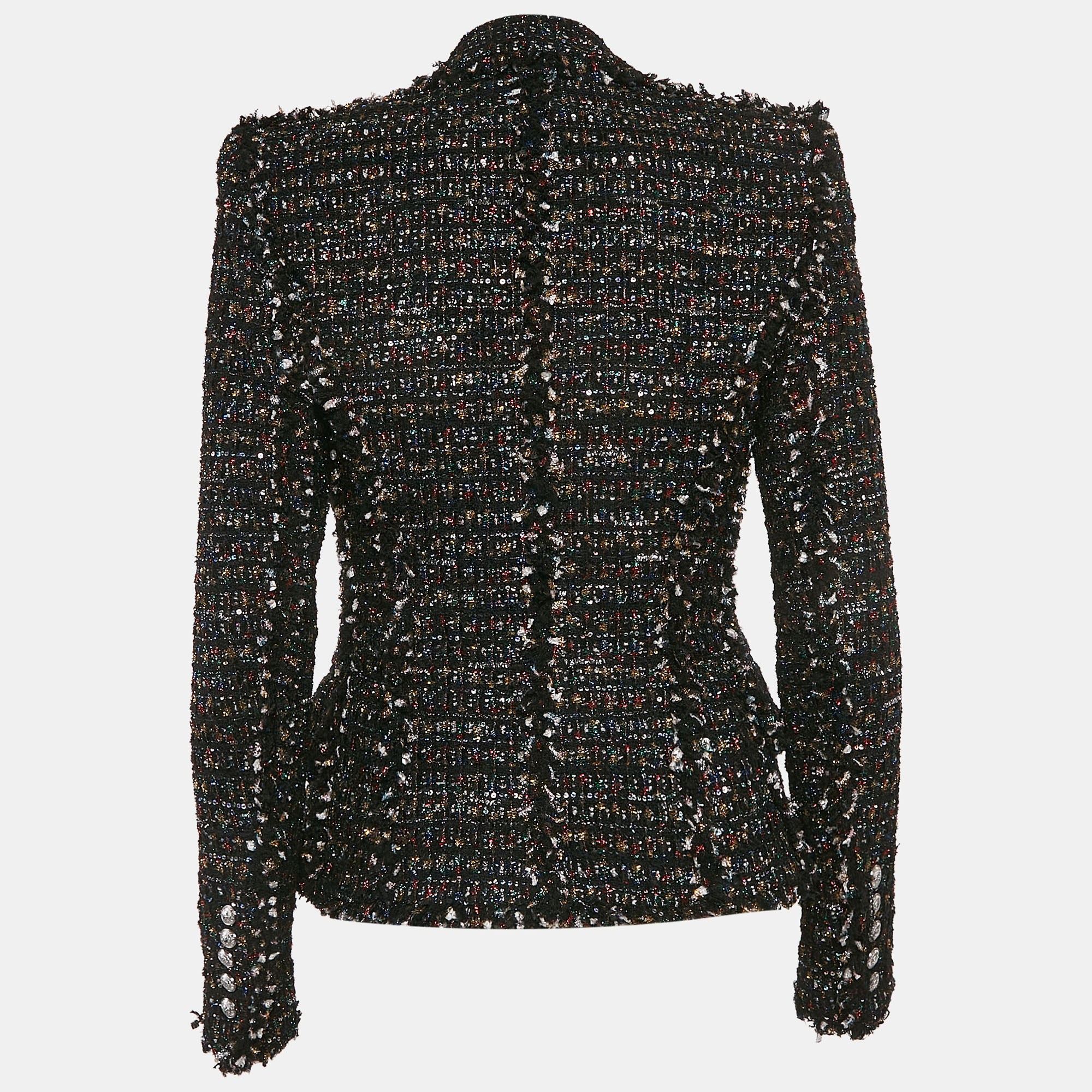 Balmain Black/Multicolor Tinsel Tweed Applique Detail Open Front Blazer S 