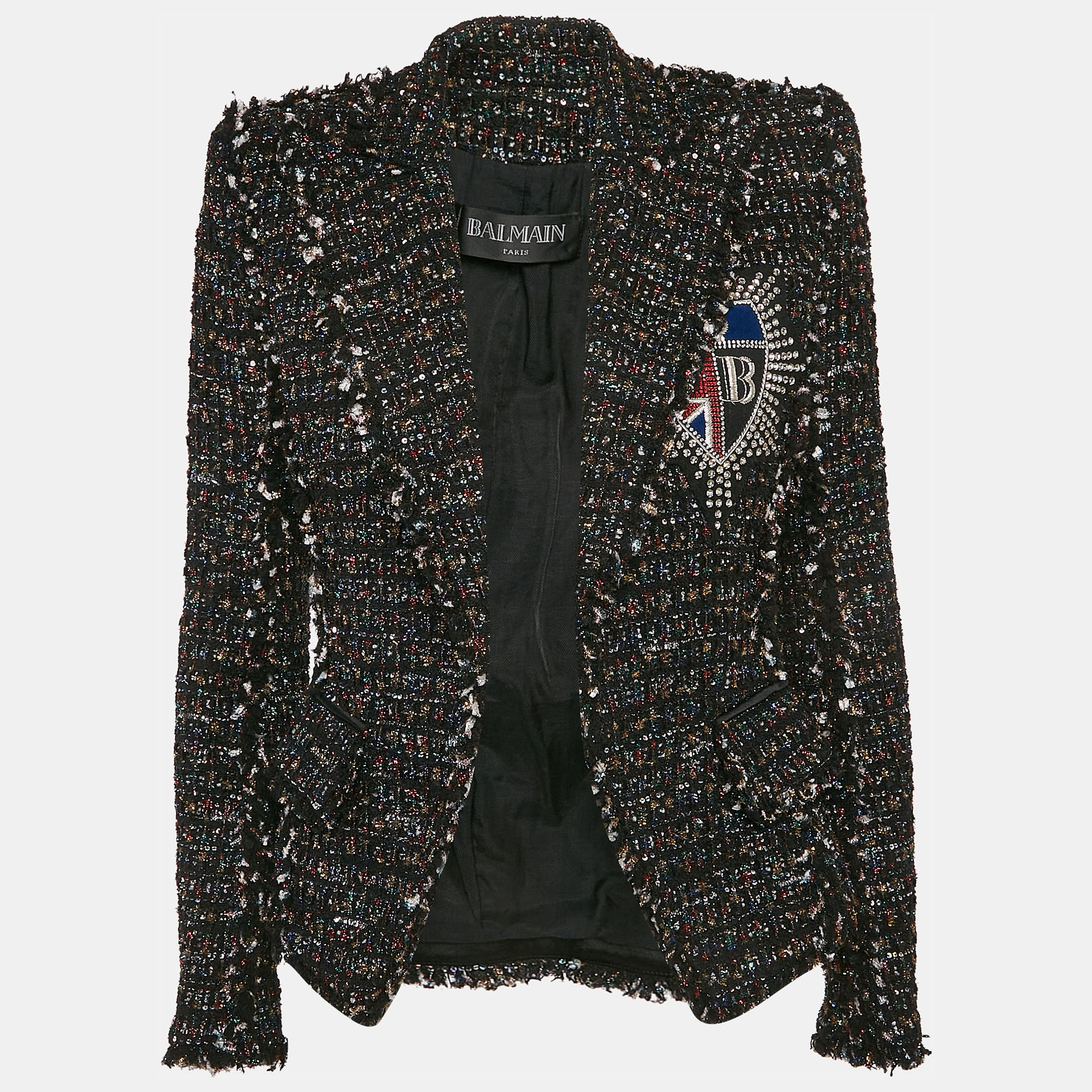 

Balmain Black/Multicolor Tinsel Tweed Applique Detail Open Front Blazer S