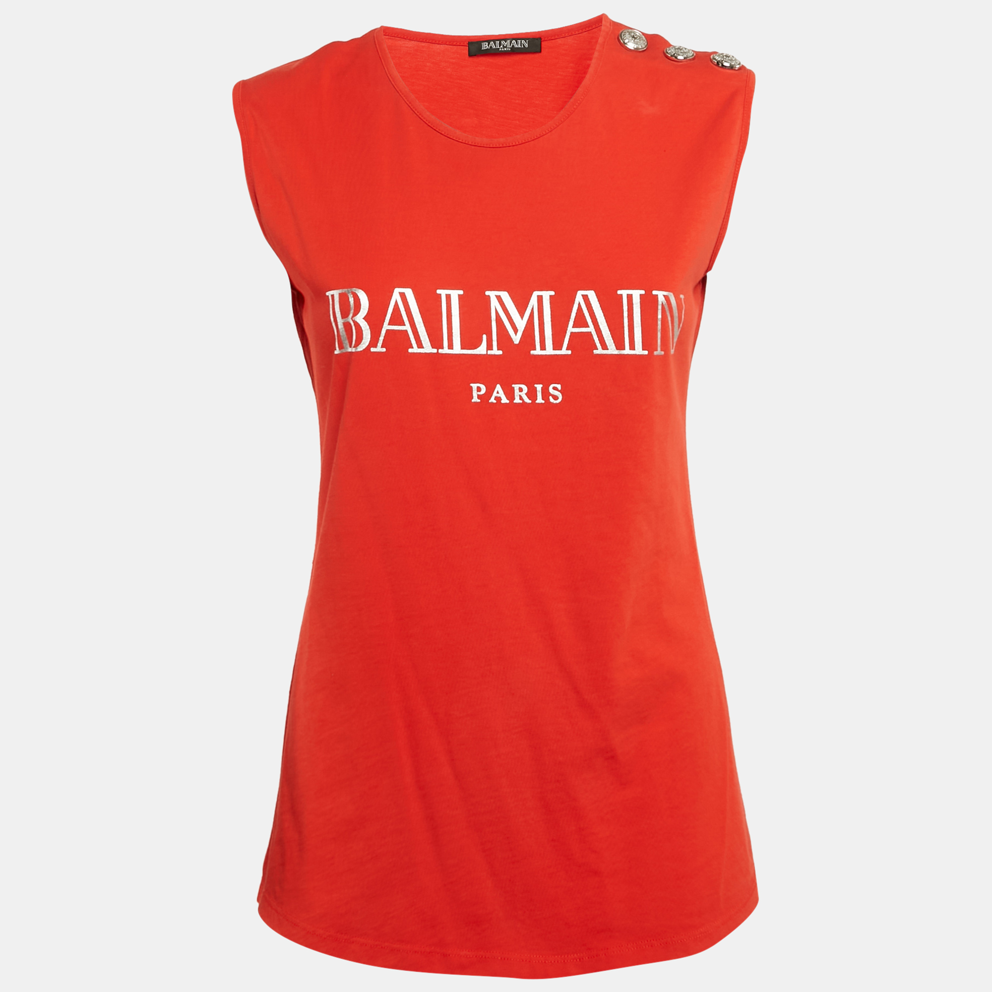 

Balmain Orange Logo Print Jersey Button Detail Sleeveless T-Shirt S, Black